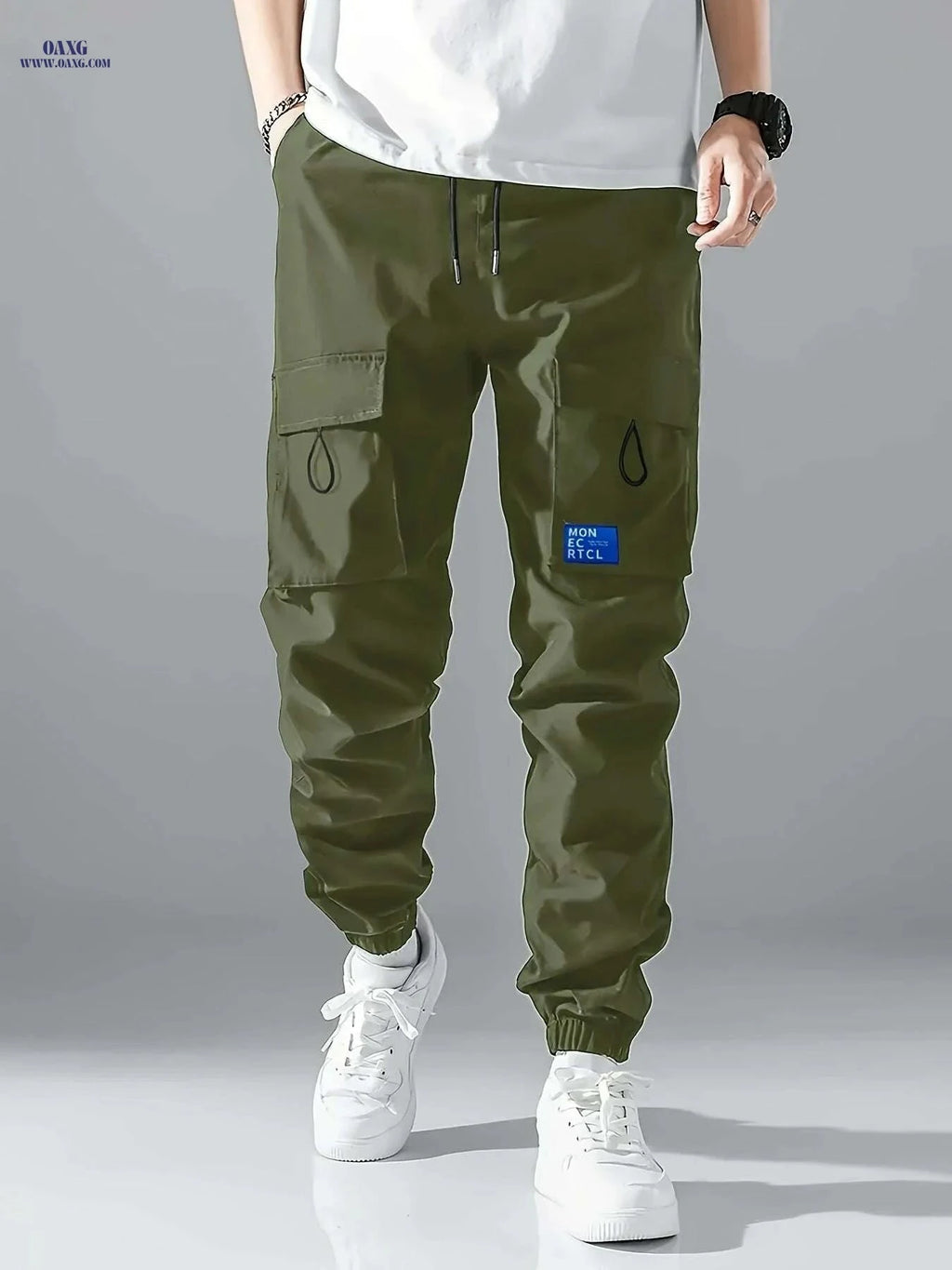 Men's Casual Cargo Pants - Sleek Black with Drawstring and Pockets   OAXG 