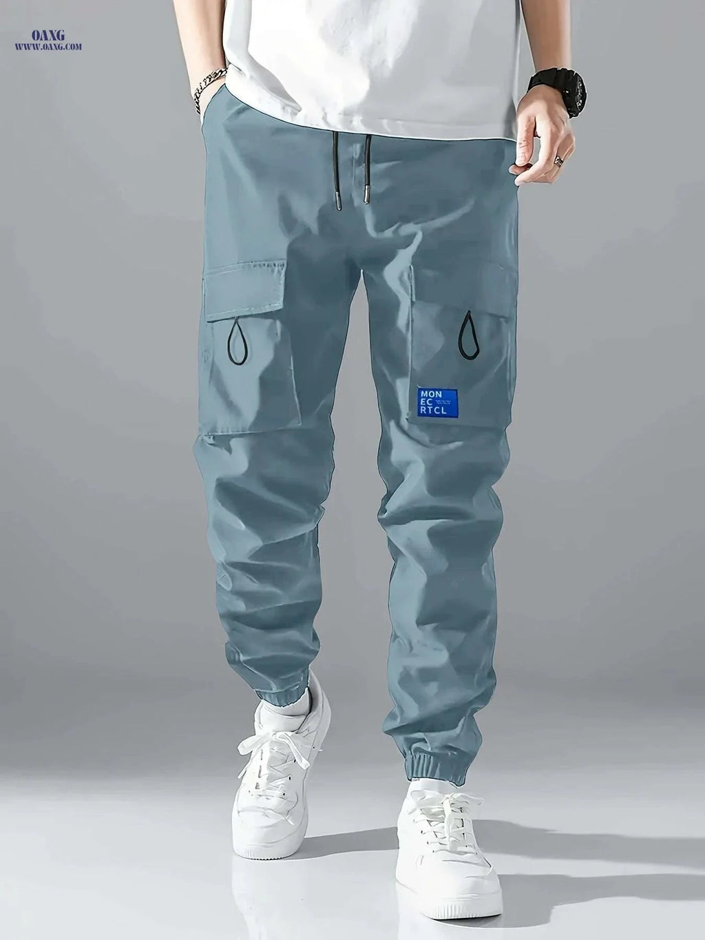 Men's Casual Cargo Pants - Sleek Black with Drawstring and Pockets   OAXG 