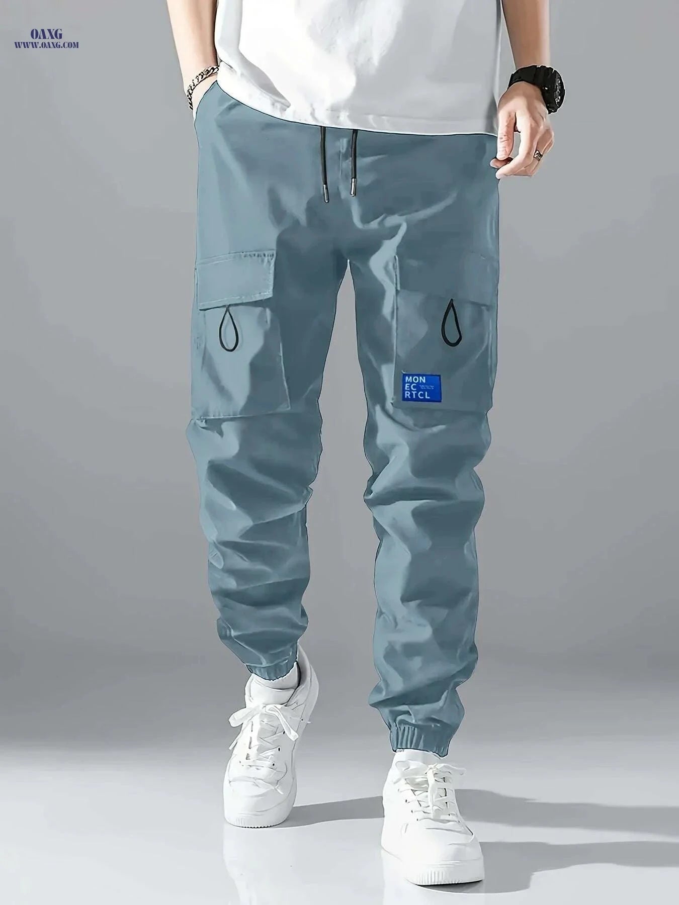 Men's Casual Cargo Pants - Sleek Black with Drawstring and Pockets   OAXG 