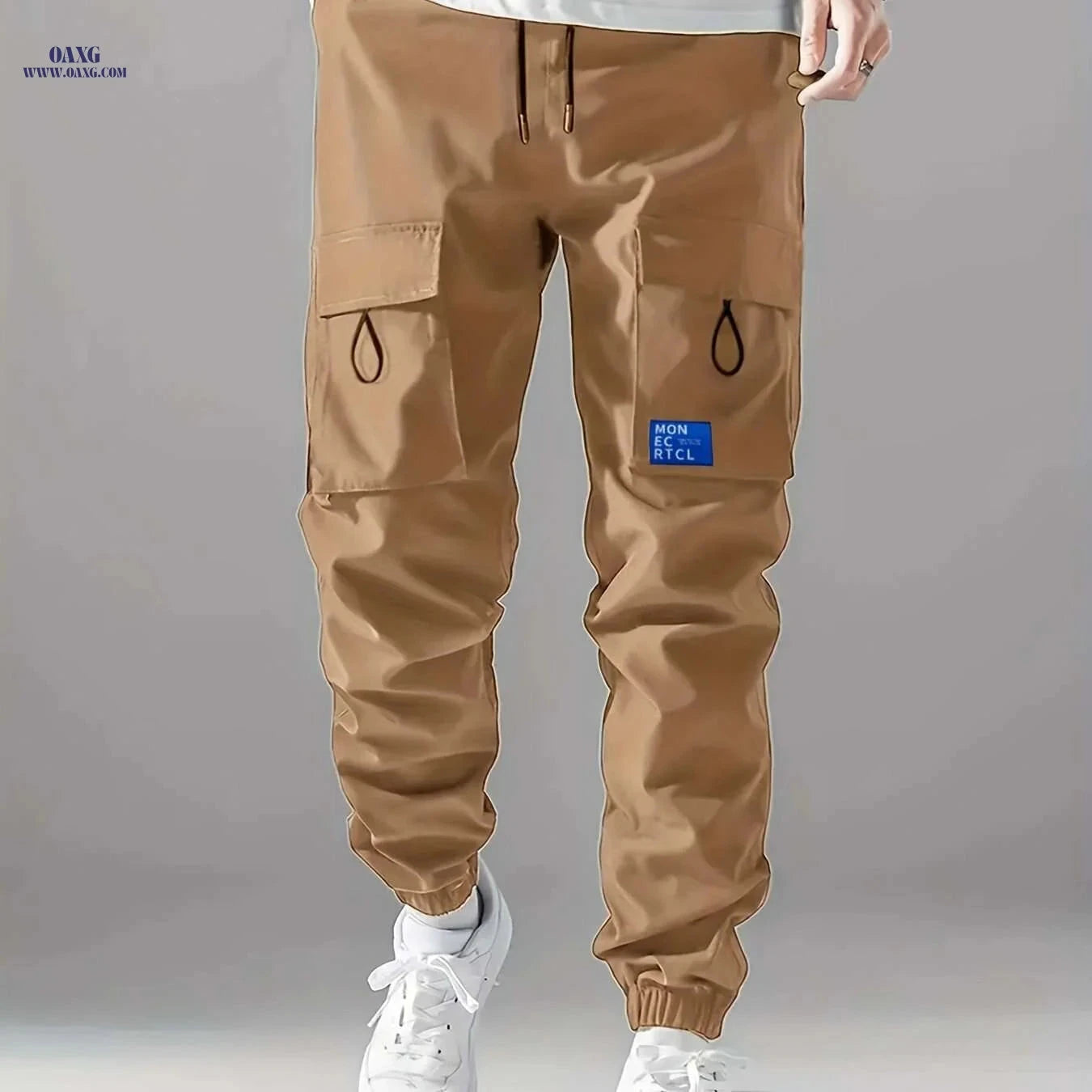 Men's Casual Cargo Pants - Sleek Black with Drawstring and Pockets   OAXG 