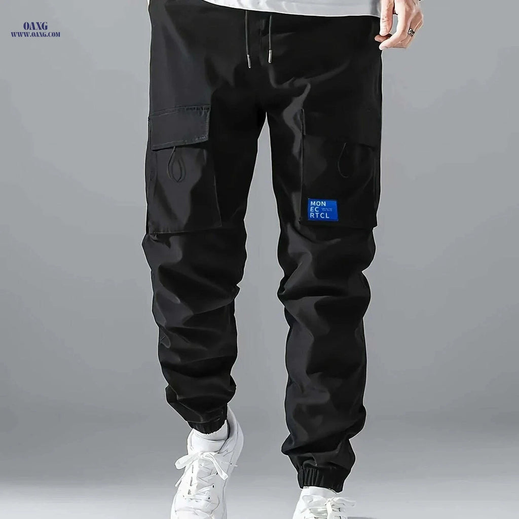 Men's Casual Cargo Pants - Sleek Black with Drawstring and Pockets   OAXG 
