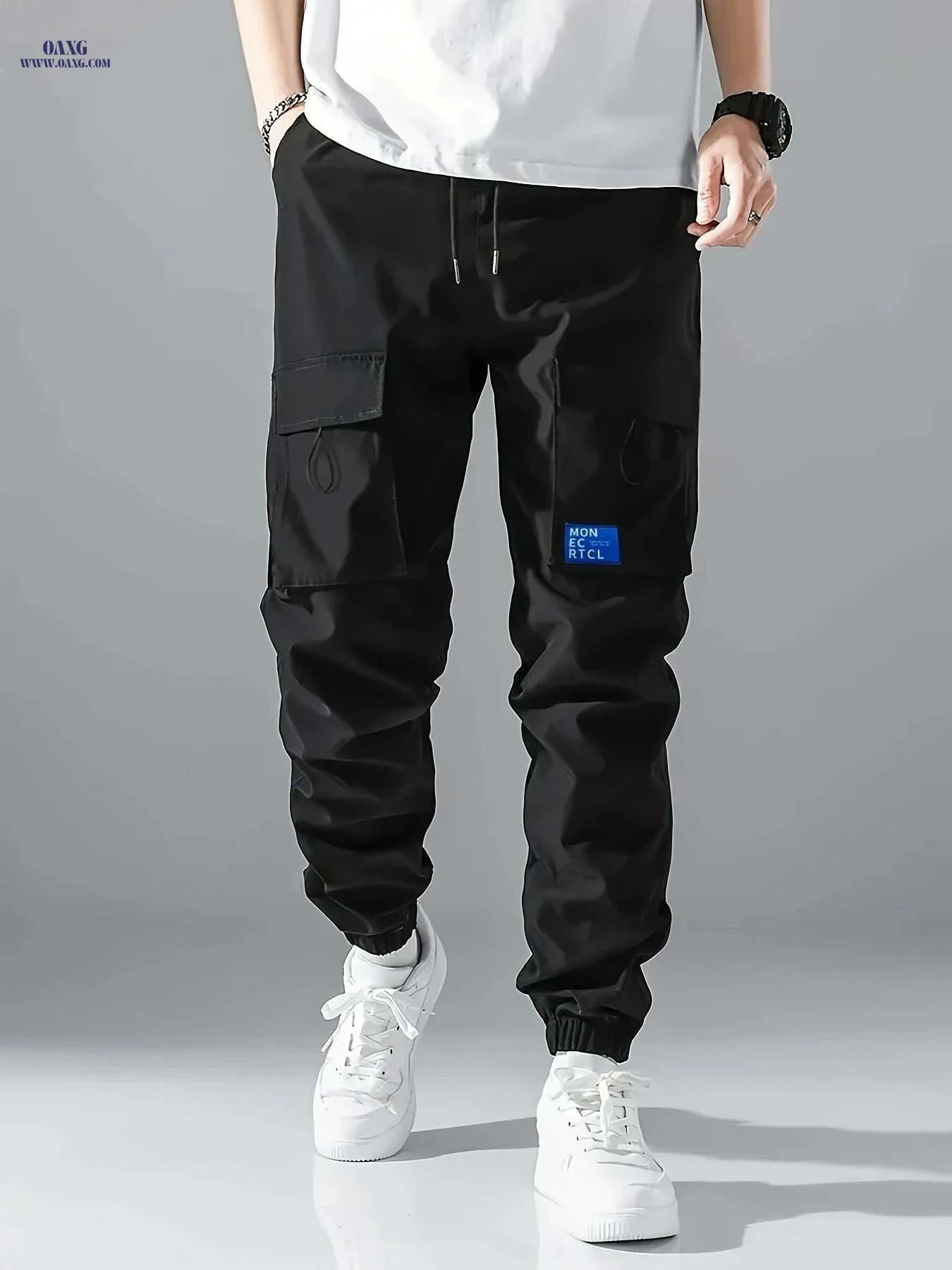 Men's Casual Cargo Pants - Sleek Black with Drawstring and Pockets   OAXG Black / S