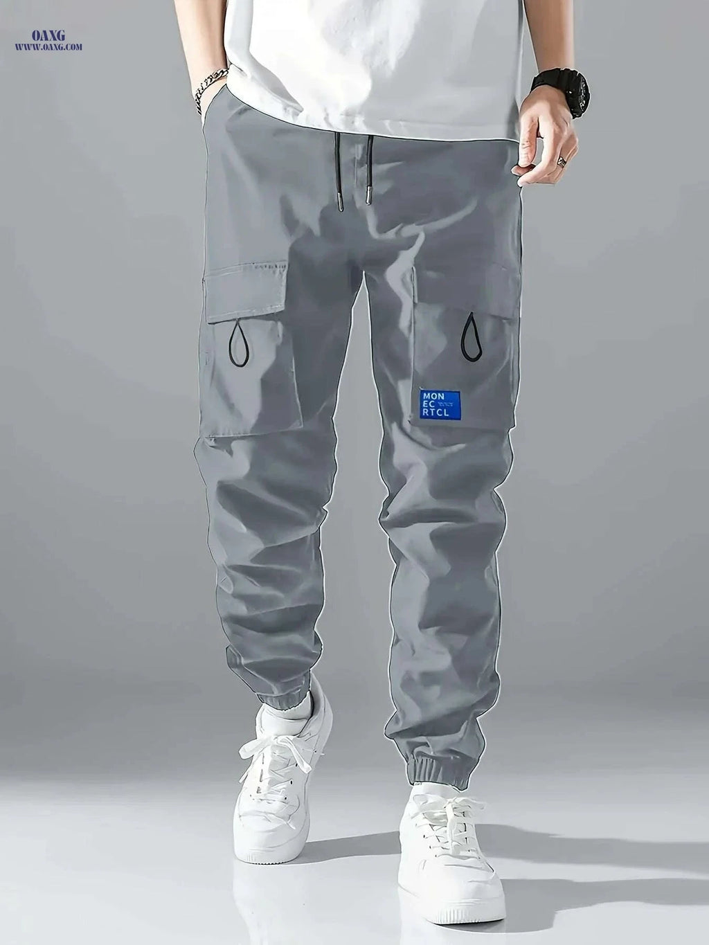 Men's Casual Cargo Pants - Sleek Black with Drawstring and Pockets   OAXG 