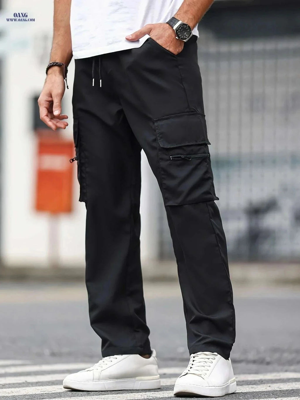 Men's Casual Cargo Pants - Solid Color Drawstring Waist for All Seasons   OAXG Black / S