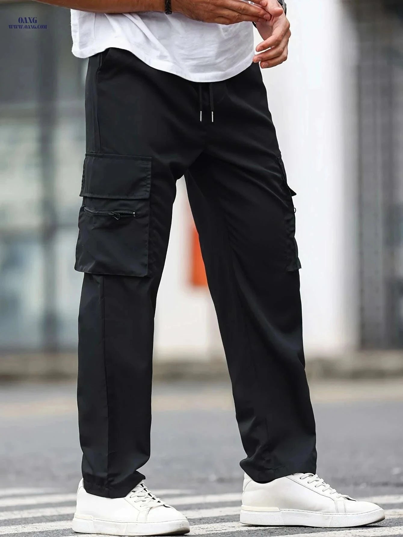 Men's Casual Cargo Pants - Solid Color Drawstring Waist for All Seasons   OAXG Black / S