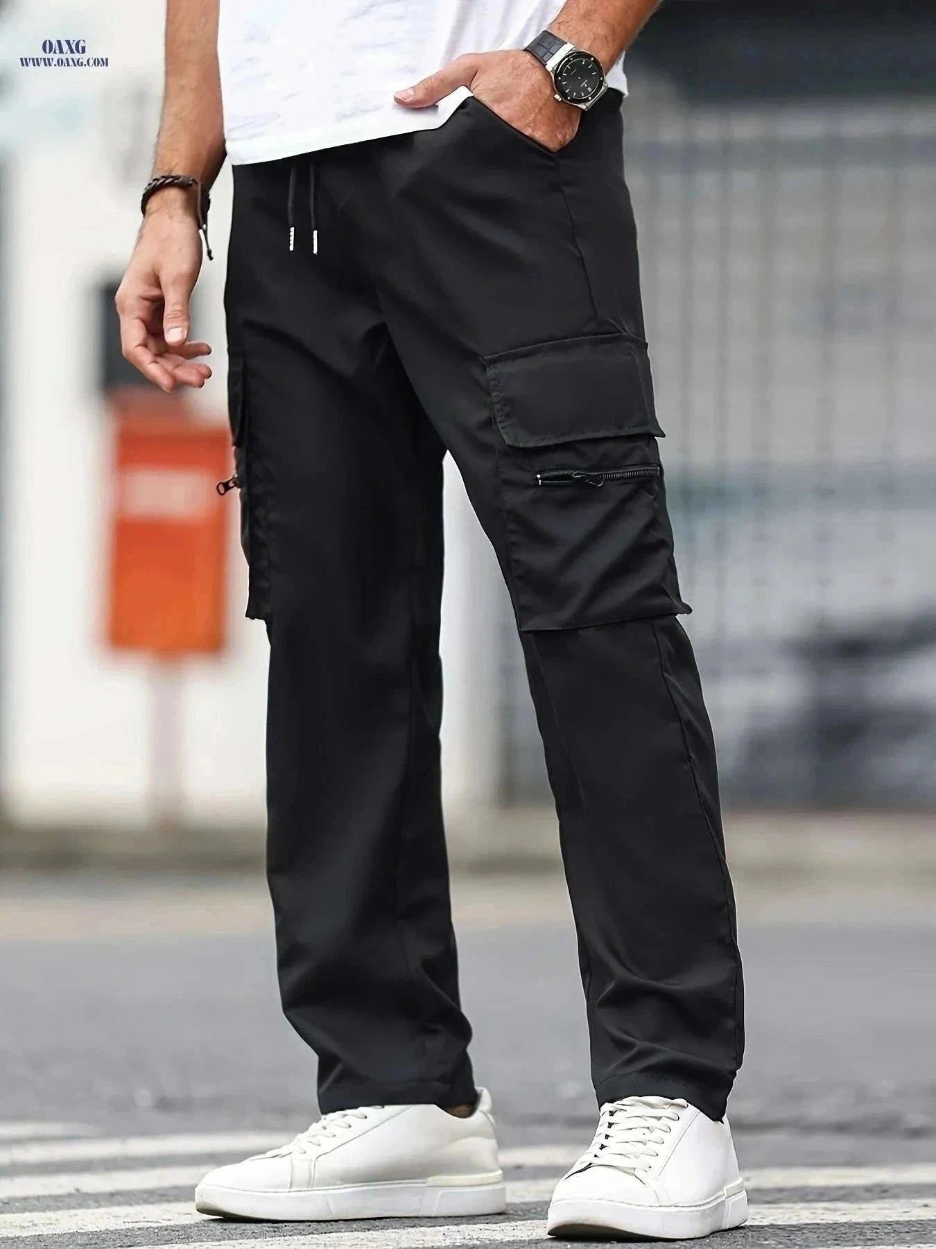 Men's Casual Cargo Pants - Solid Color Drawstring Waist for All Seasons   OAXG Black / S