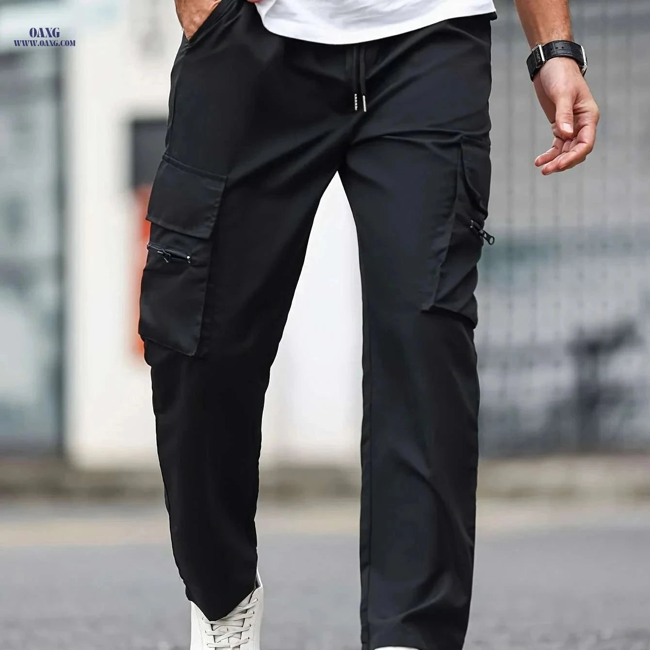 Men's Casual Cargo Pants - Solid Color Drawstring Waist for All Seasons   OAXG Black / S