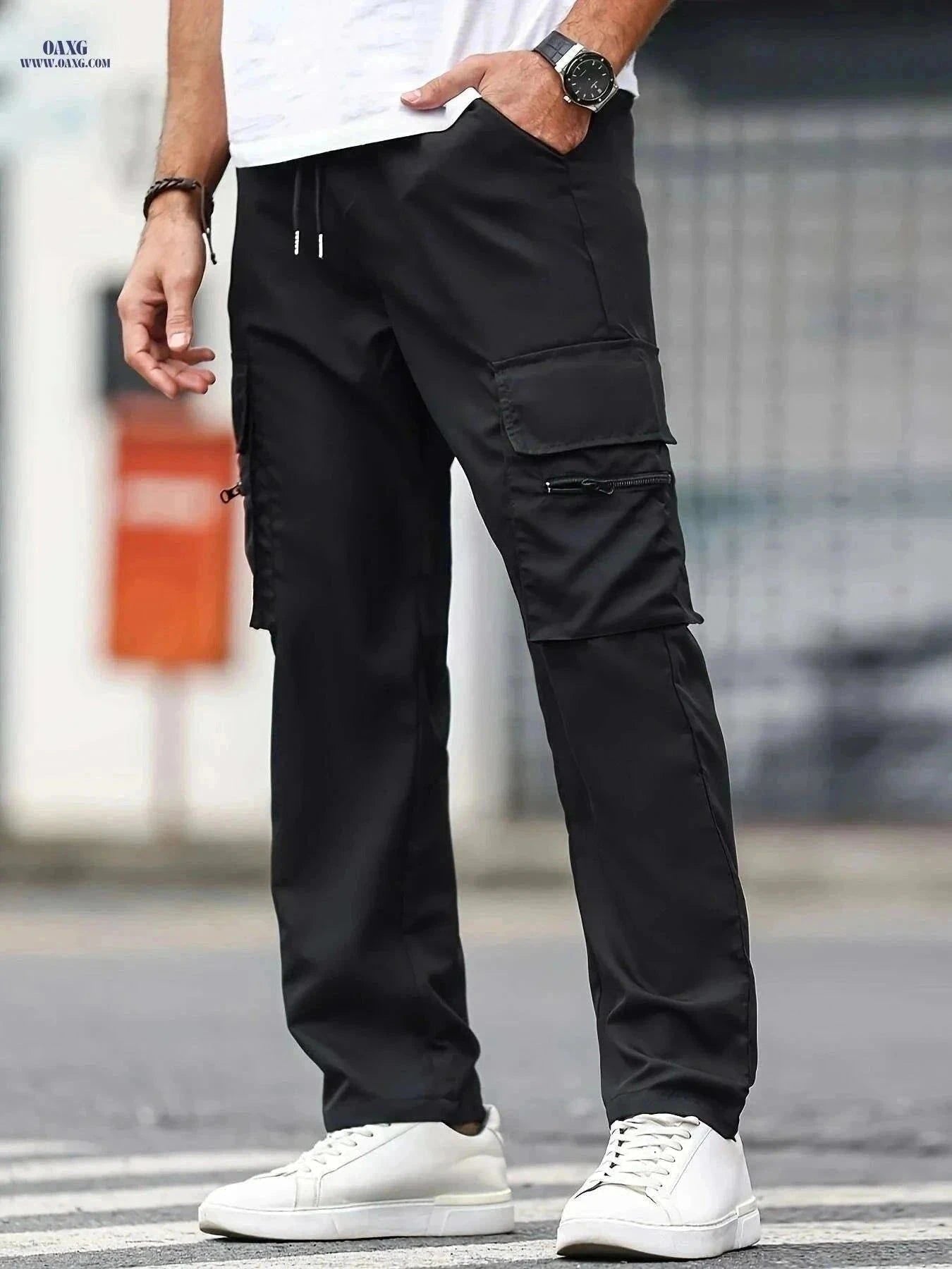 Men's Casual Cargo Pants - Solid Color Drawstring Waist for All Seasons   OAXG Black / S