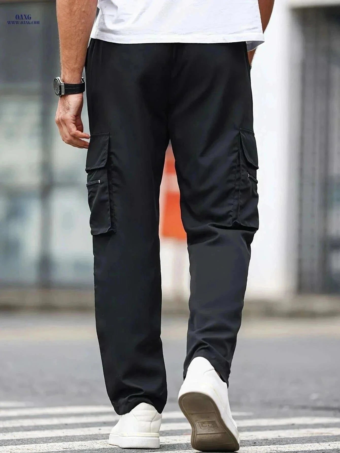 Men's Casual Cargo Pants - Solid Color Drawstring Waist for All Seasons   OAXG Black / S