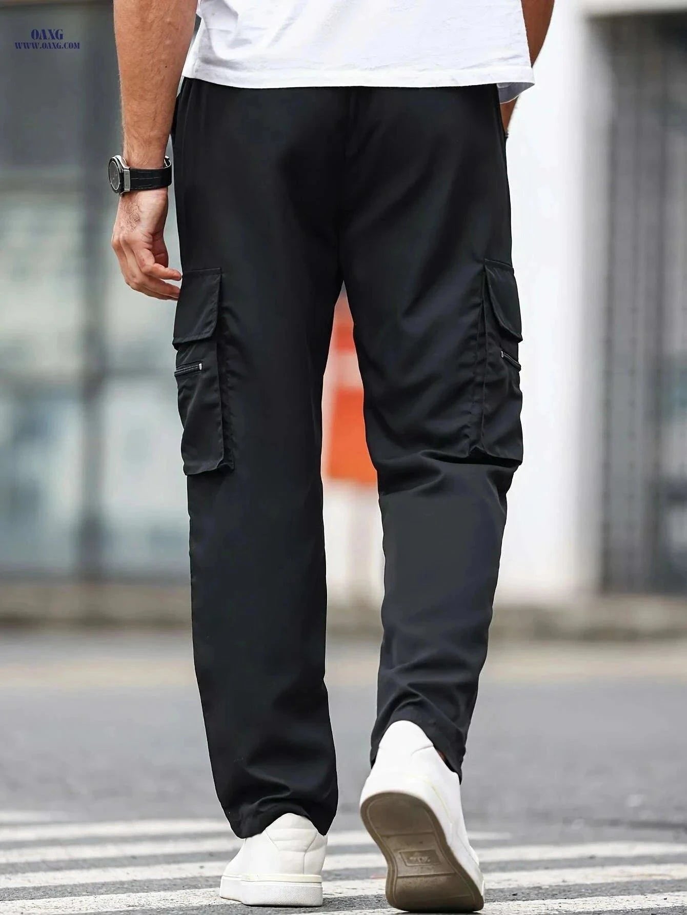 Men's Casual Cargo Pants - Solid Color Drawstring Waist for All Seasons   OAXG Black / S