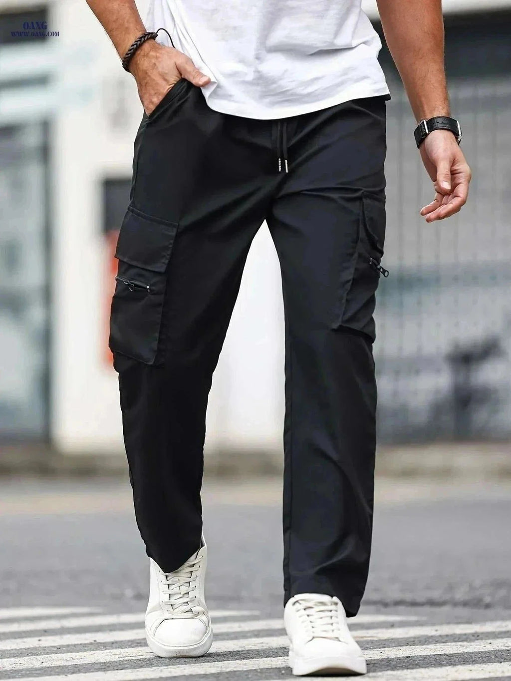 Men's Casual Cargo Pants - Solid Color Drawstring Waist for All Seasons   OAXG Black / S