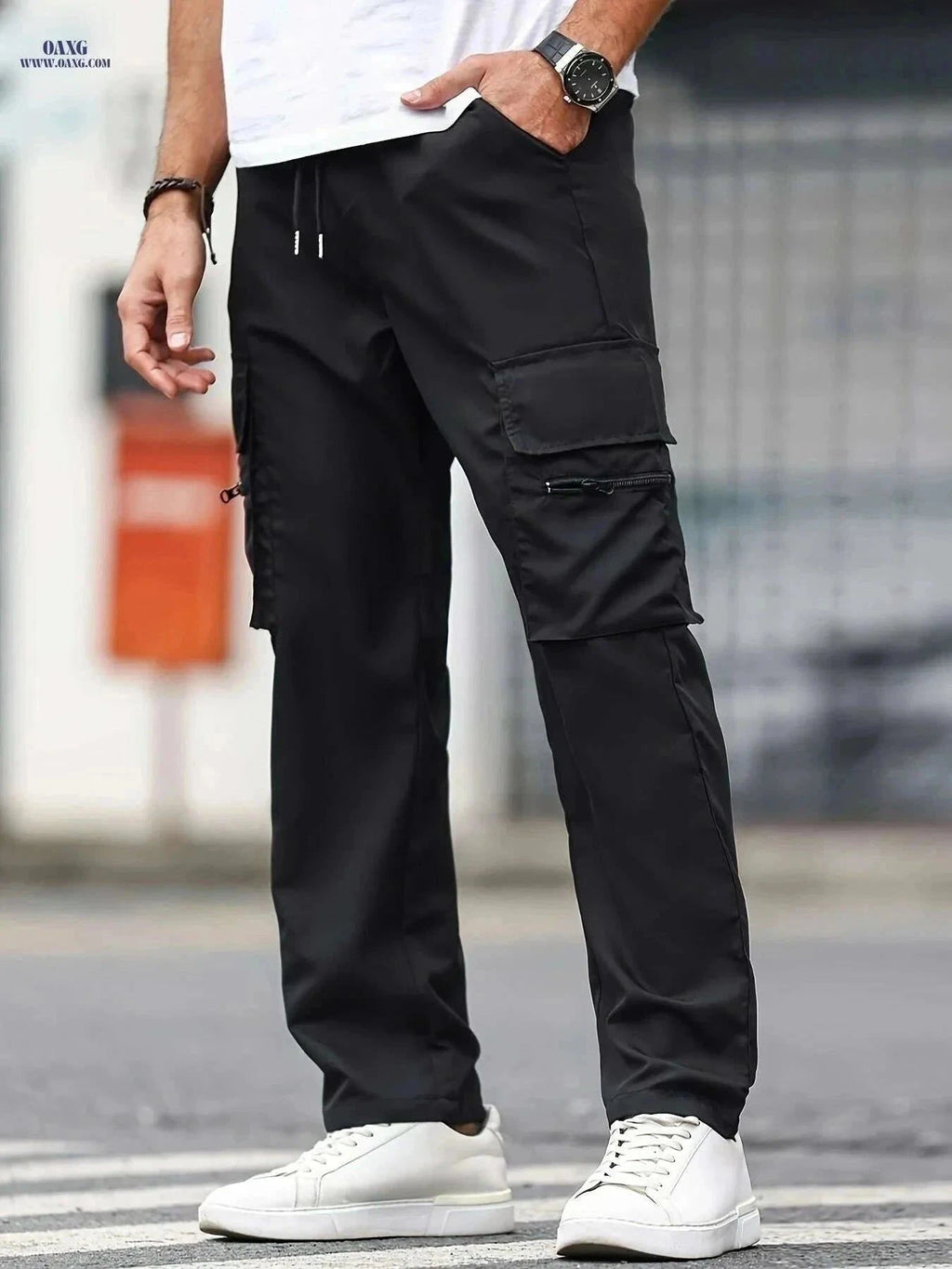 Men's Casual Cargo Pants - Solid Color Drawstring Waist for All Seasons   OAXG Black / S