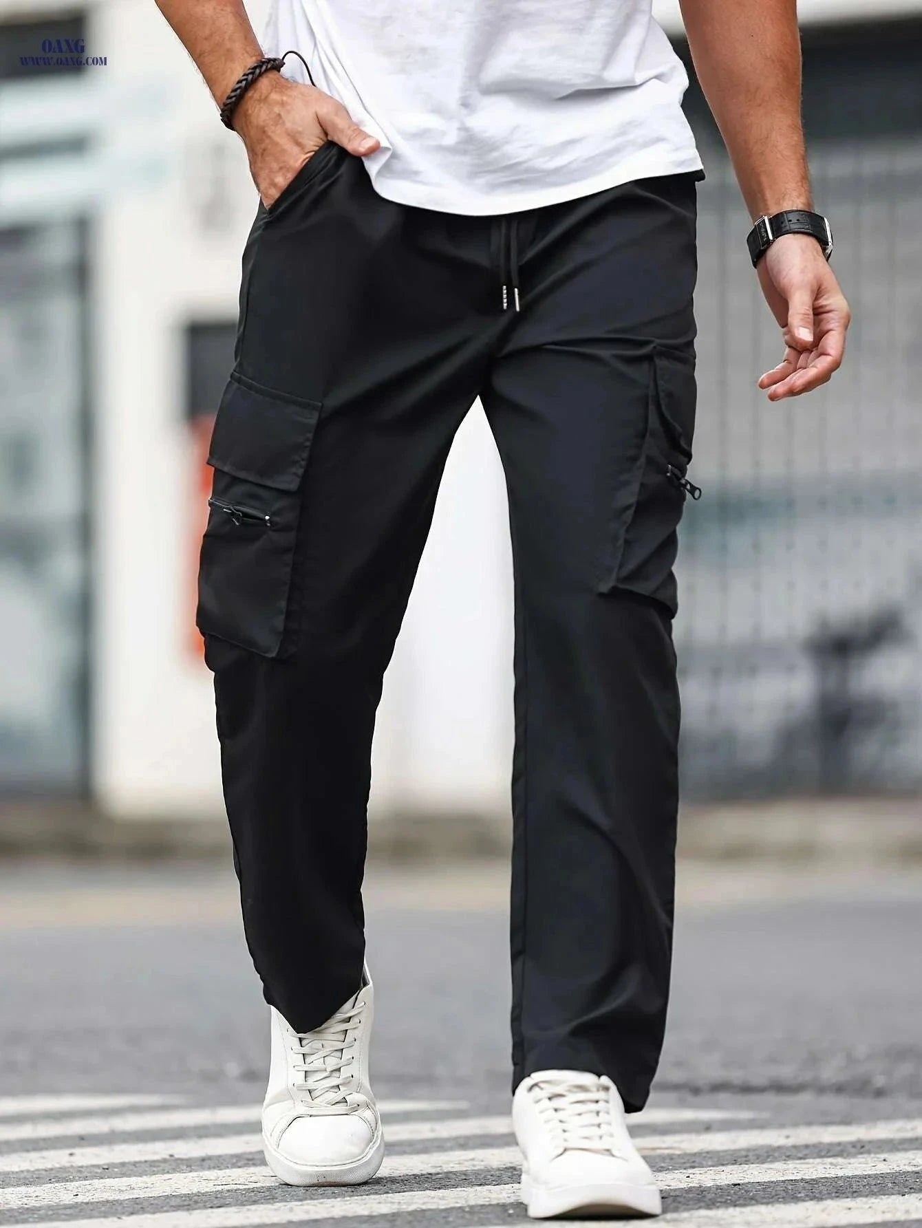 Men's Casual Cargo Pants - Solid Color Drawstring Waist for All Seasons   OAXG Black / S