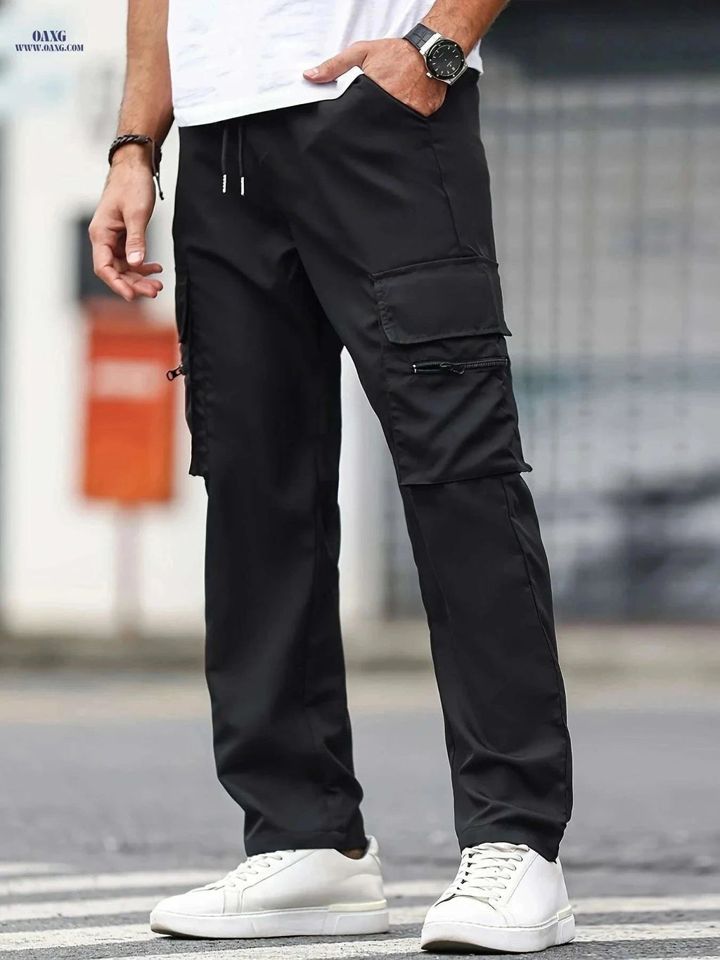 Men's Casual Cargo Pants - Solid Color Drawstring Waist for All Seasons   OAXG Black / S