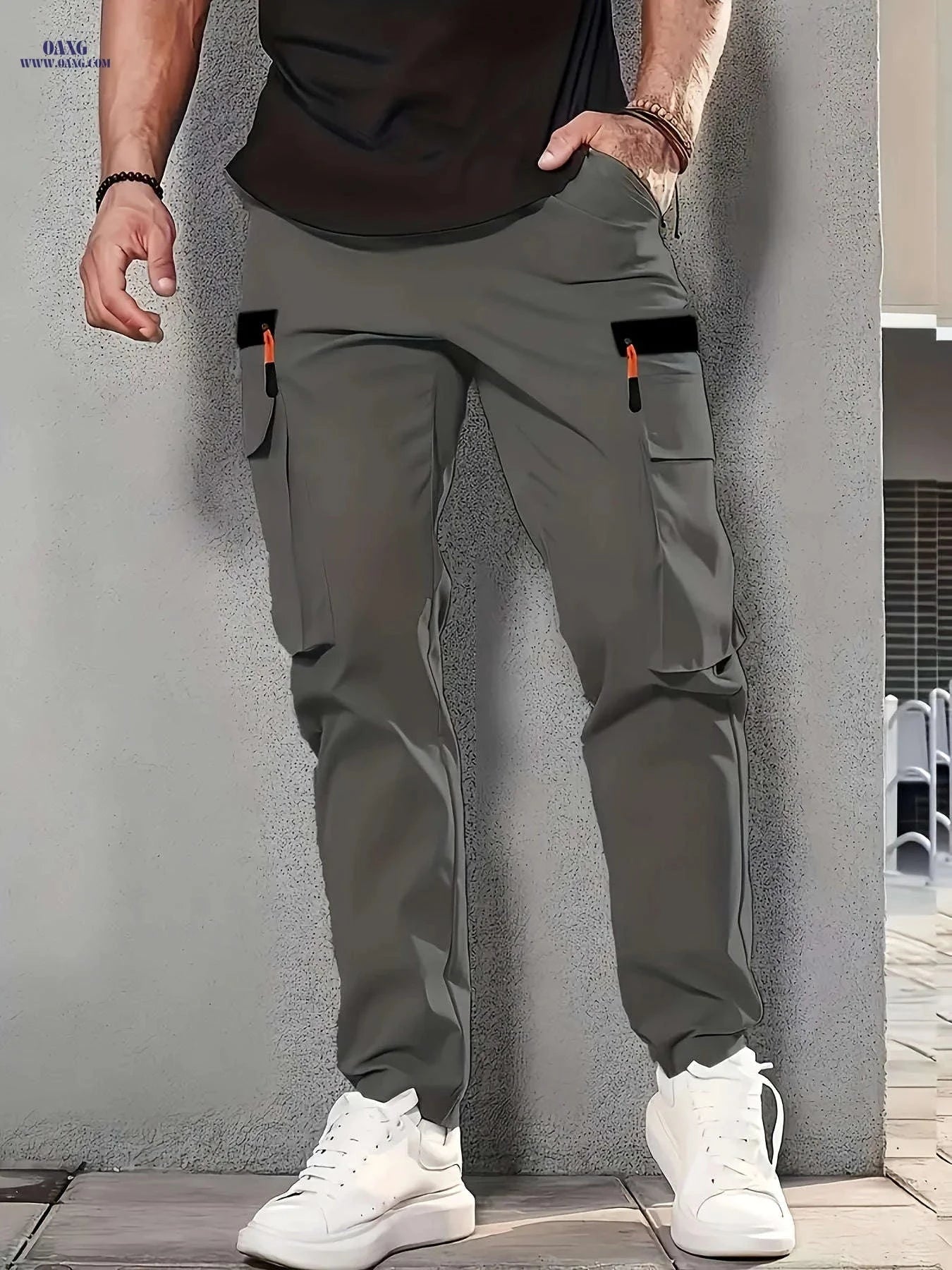 Men’s Casual Cargo Pants - Solid Color, Zippered Side Pockets   OAXG Black / FR S