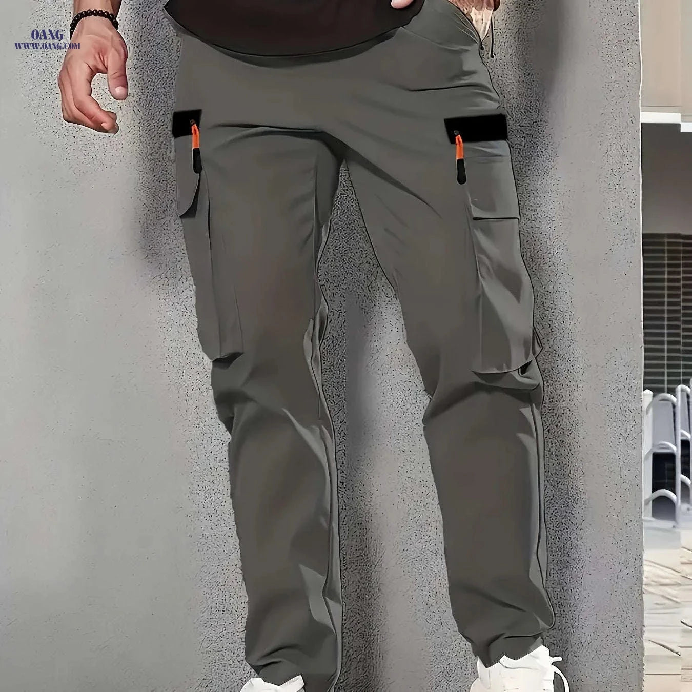 Men’s Casual Cargo Pants - Solid Color, Zippered Side Pockets   OAXG Black / FR S