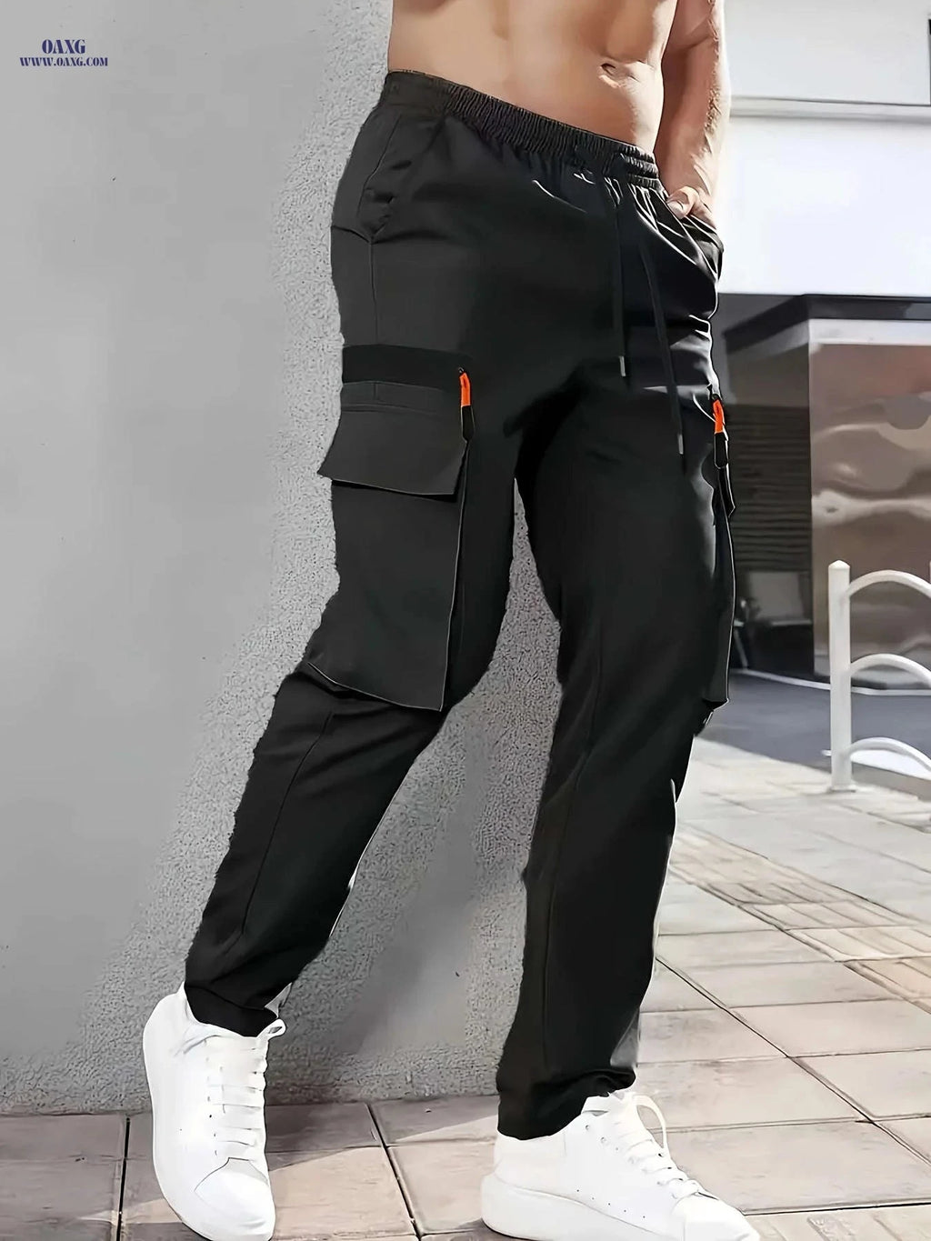 Men’s Casual Cargo Pants - Solid Color, Zippered Side Pockets   OAXG Black / FR S