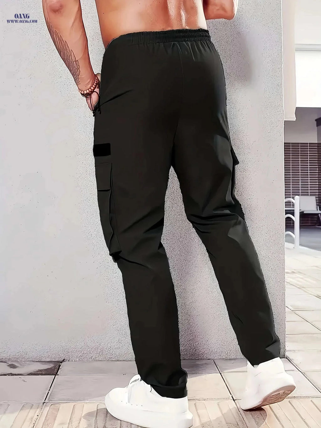 Men’s Casual Cargo Pants - Solid Color, Zippered Side Pockets   OAXG Black / FR S
