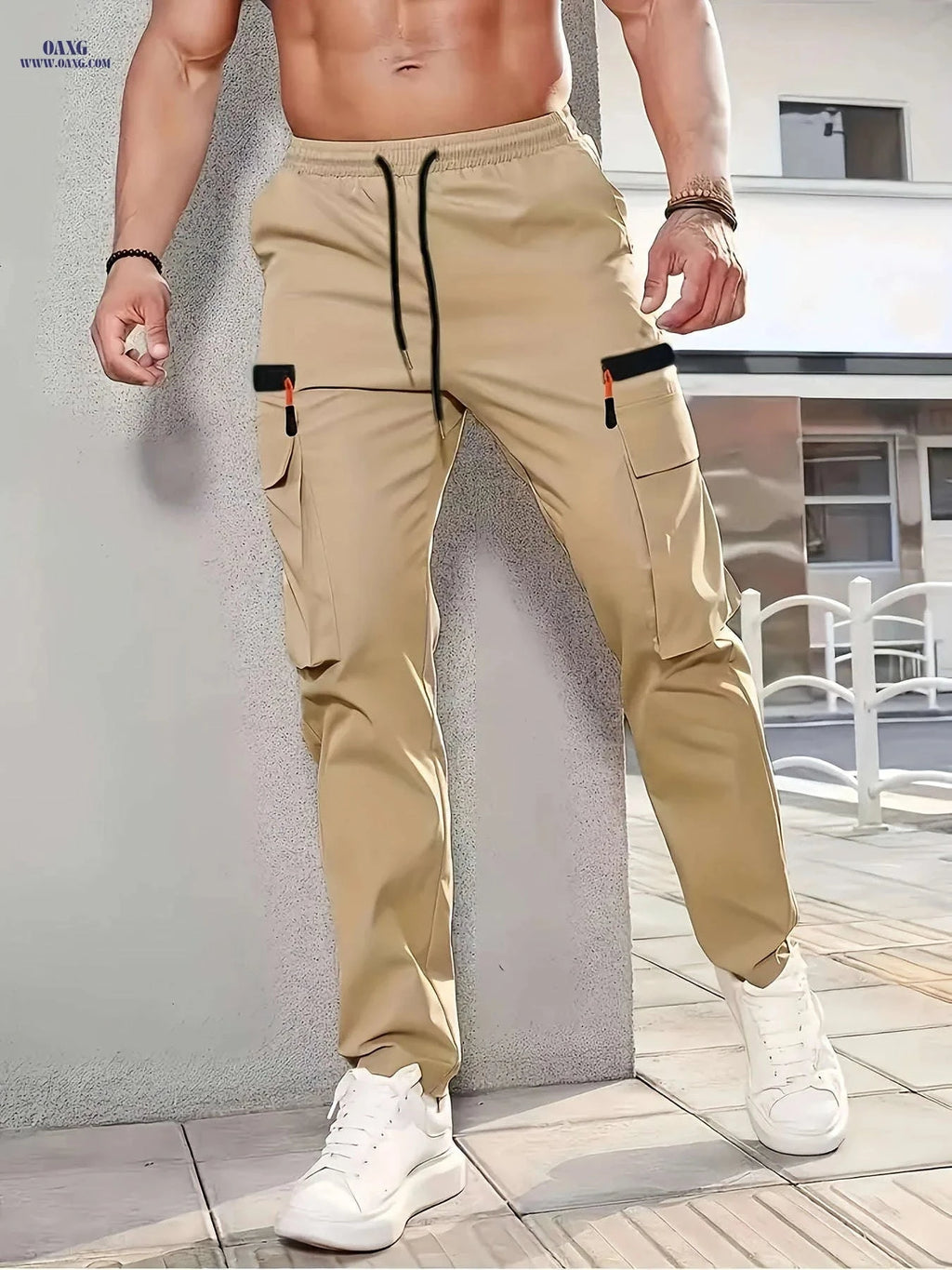 Men’s Casual Cargo Pants - Solid Color, Zippered Side Pockets   OAXG 