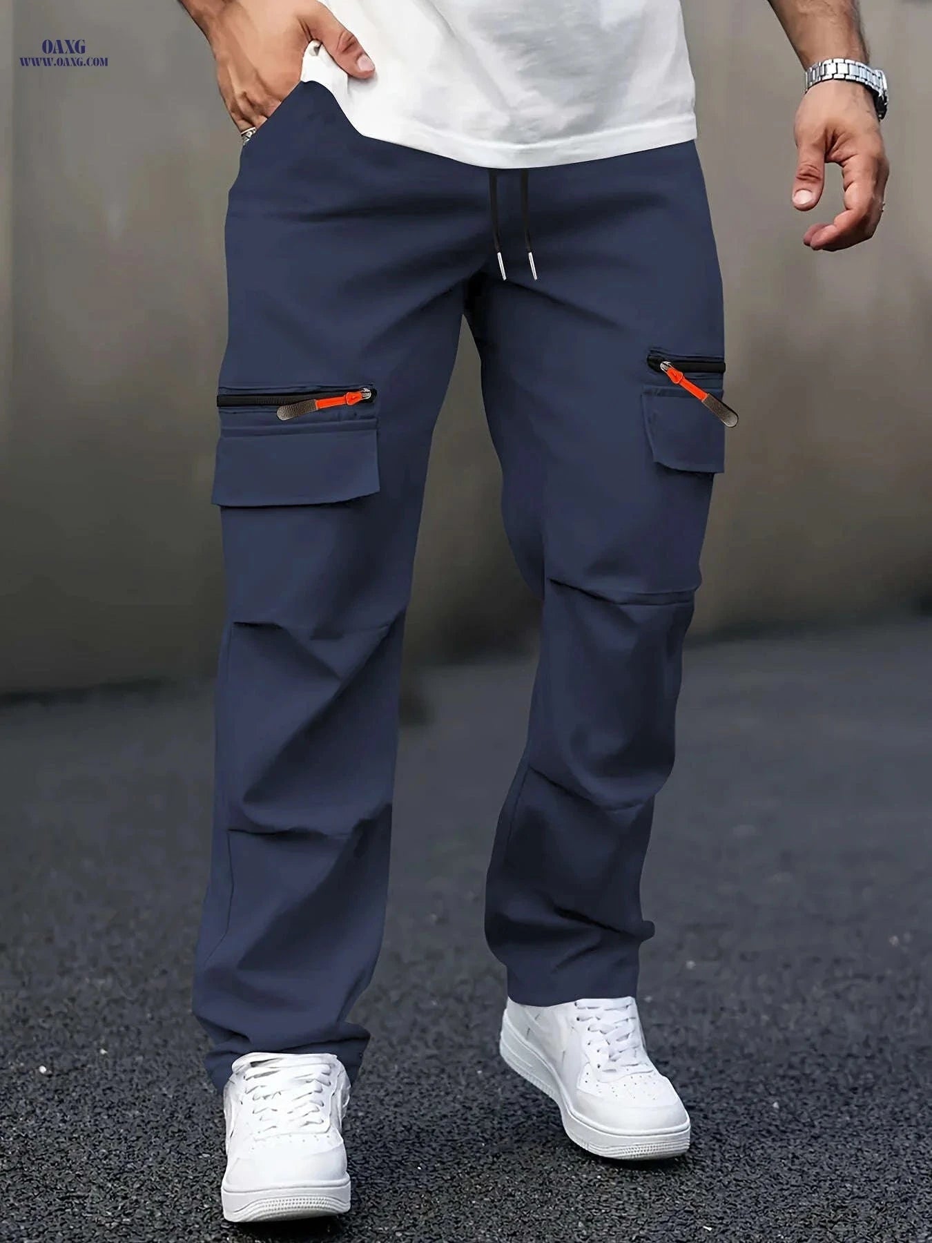 Men's Casual Cargo Pants - Straight Leg, Multi-Pocket, Loose Fit   OAXG 