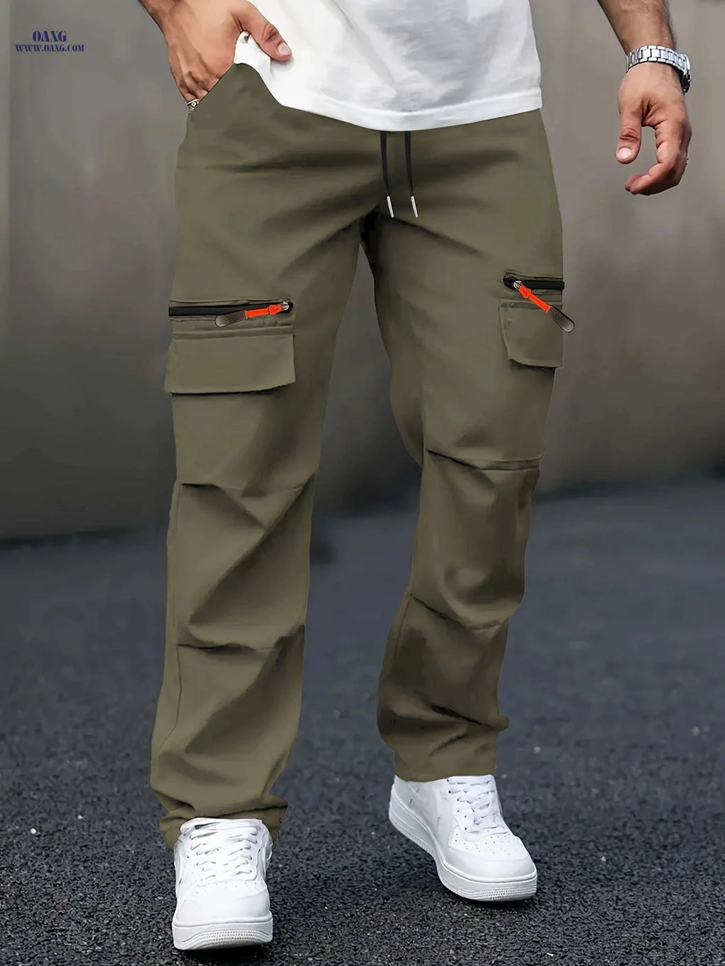 Men's Casual Cargo Pants - Straight Leg, Multi-Pocket, Loose Fit   OAXG Black / FR S