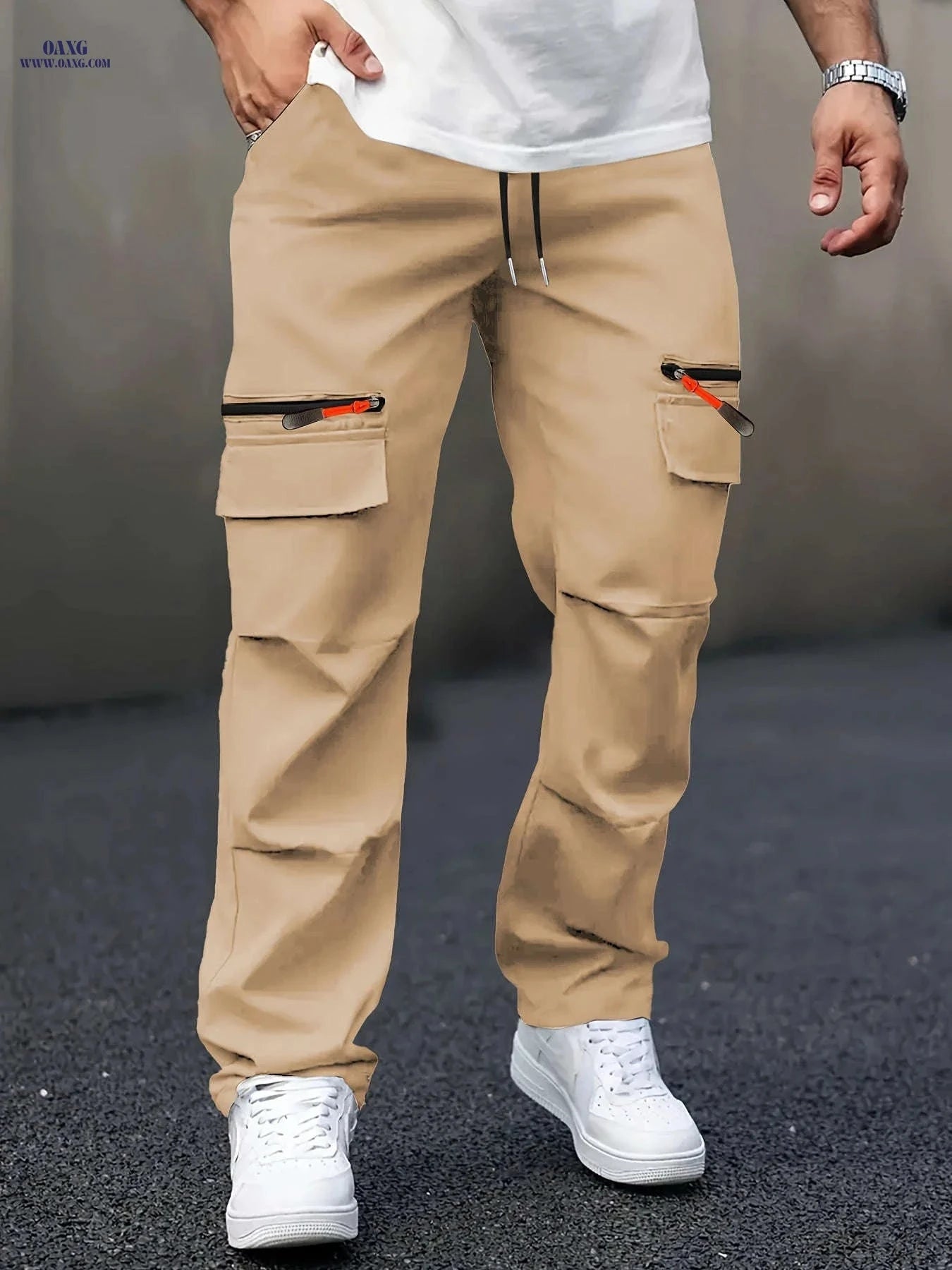 Men's Casual Cargo Pants - Straight Leg, Multi-Pocket, Loose Fit   OAXG Black / FR S