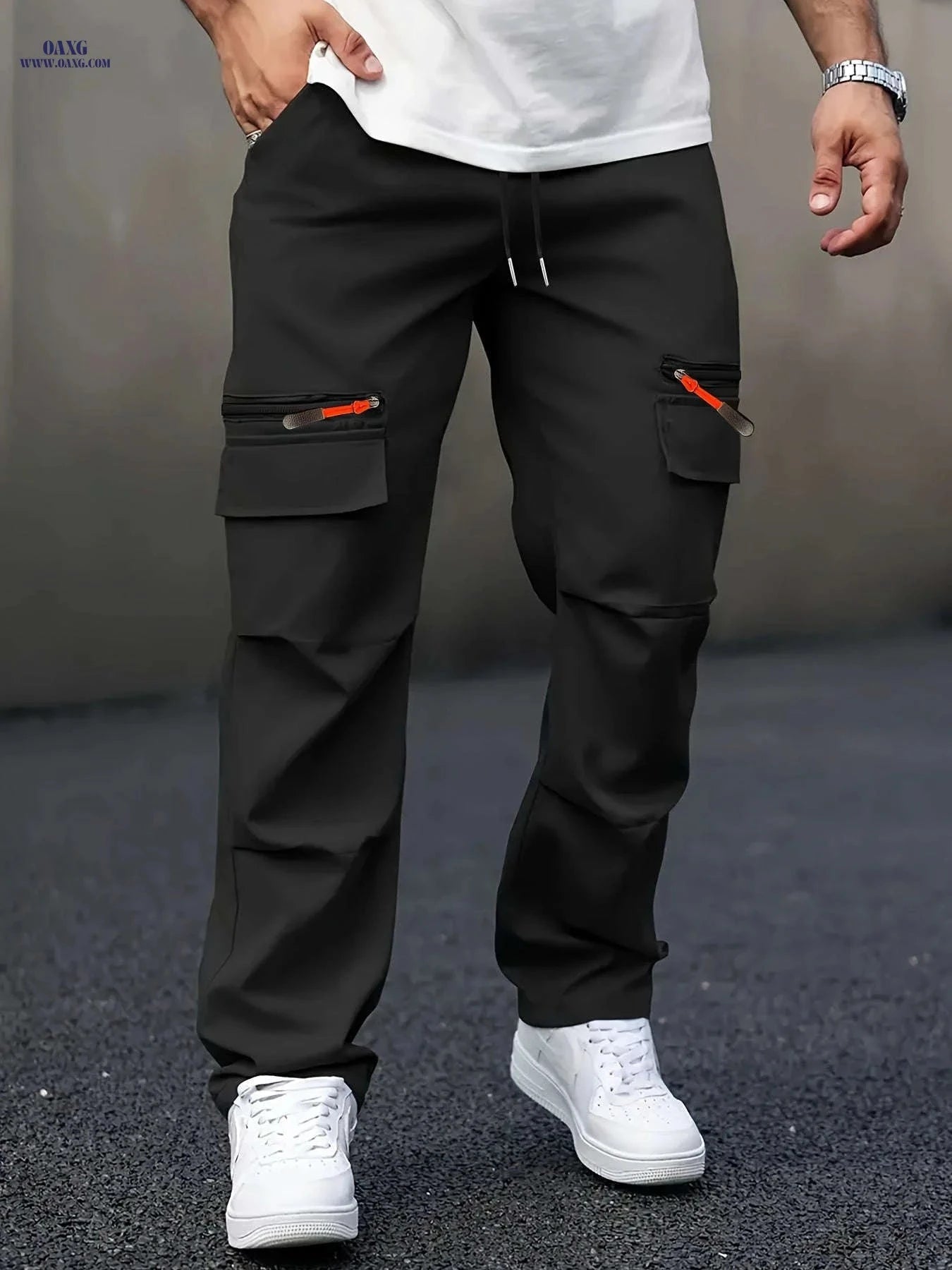 Men's Casual Cargo Pants - Straight Leg, Multi-Pocket, Loose Fit   OAXG 