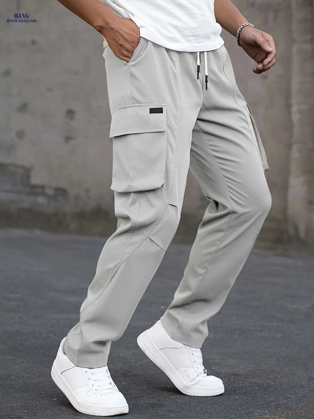 Men's Casual Cargo Pants - Trendy Solid Color, Regular Fit   OAXG 