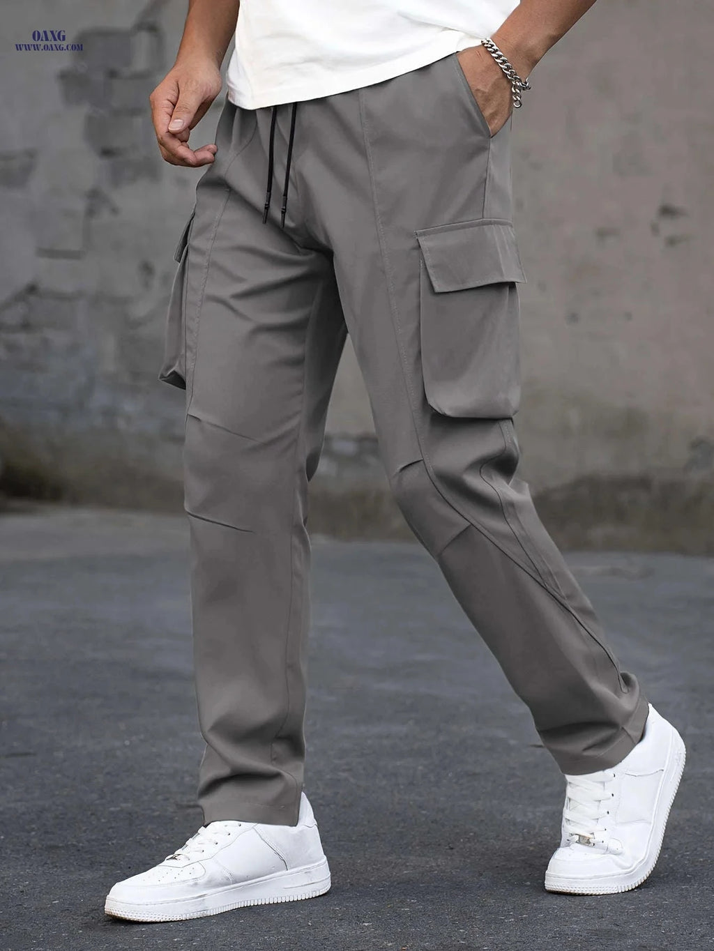 Men's Casual Cargo Pants - Trendy Solid Color, Regular Fit   OAXG 