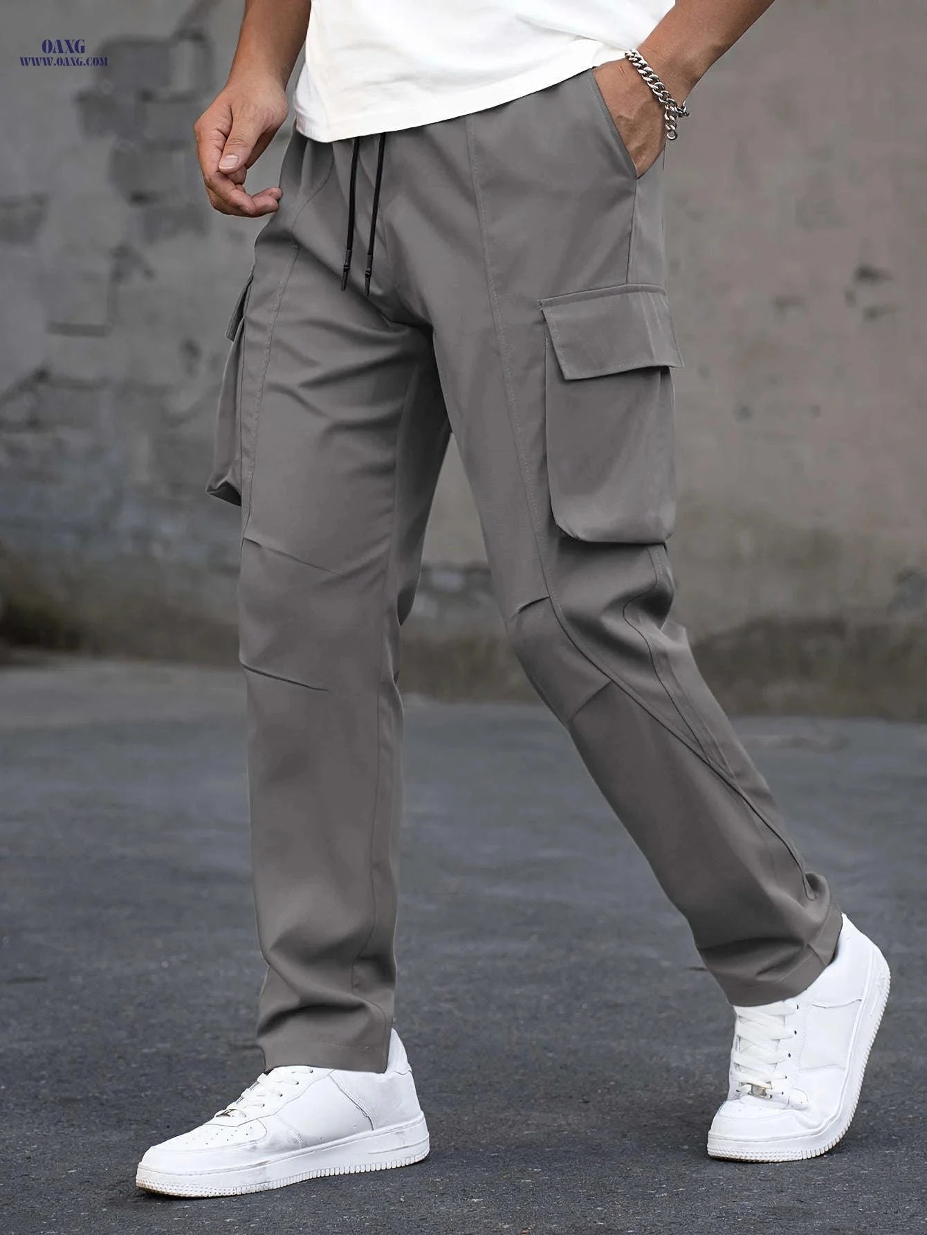 Men's Casual Cargo Pants - Trendy Solid Color, Regular Fit   OAXG 
