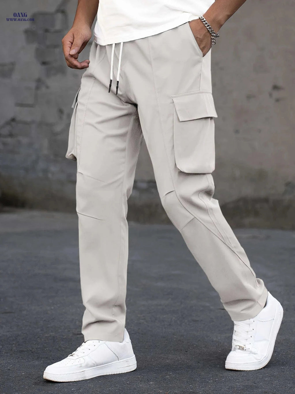 Men's Casual Cargo Pants - Trendy Solid Color, Regular Fit   OAXG 