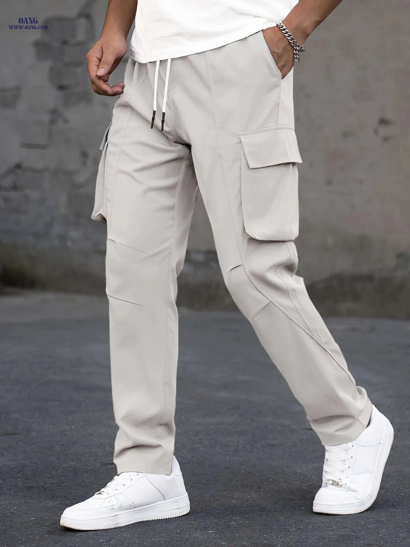 Men's Casual Cargo Pants - Trendy Solid Color, Regular Fit   OAXG 