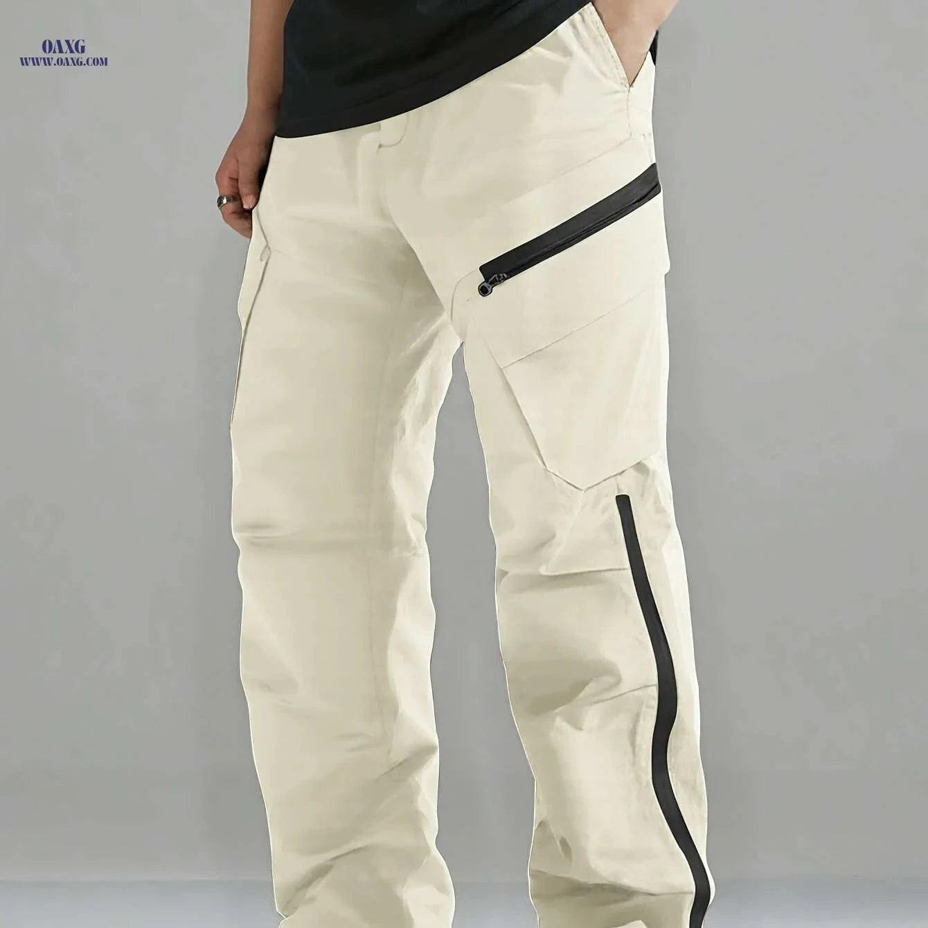 Men's Casual Cargo Pants - Zipper and Drawstring Waist, Black   OAXG 
