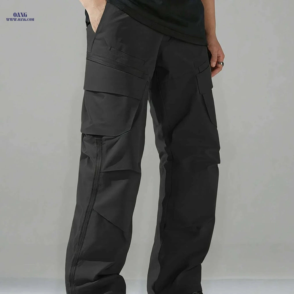 Men's Casual Cargo Pants - Zipper and Drawstring Waist, Black   OAXG 