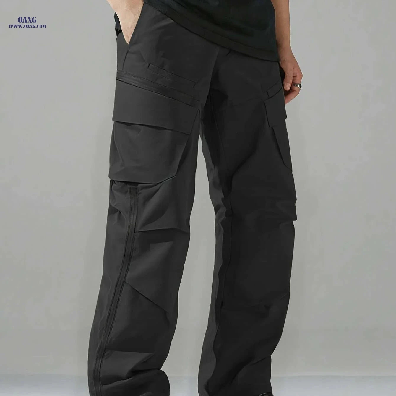 Men's Casual Cargo Pants - Zipper and Drawstring Waist, Black   OAXG 