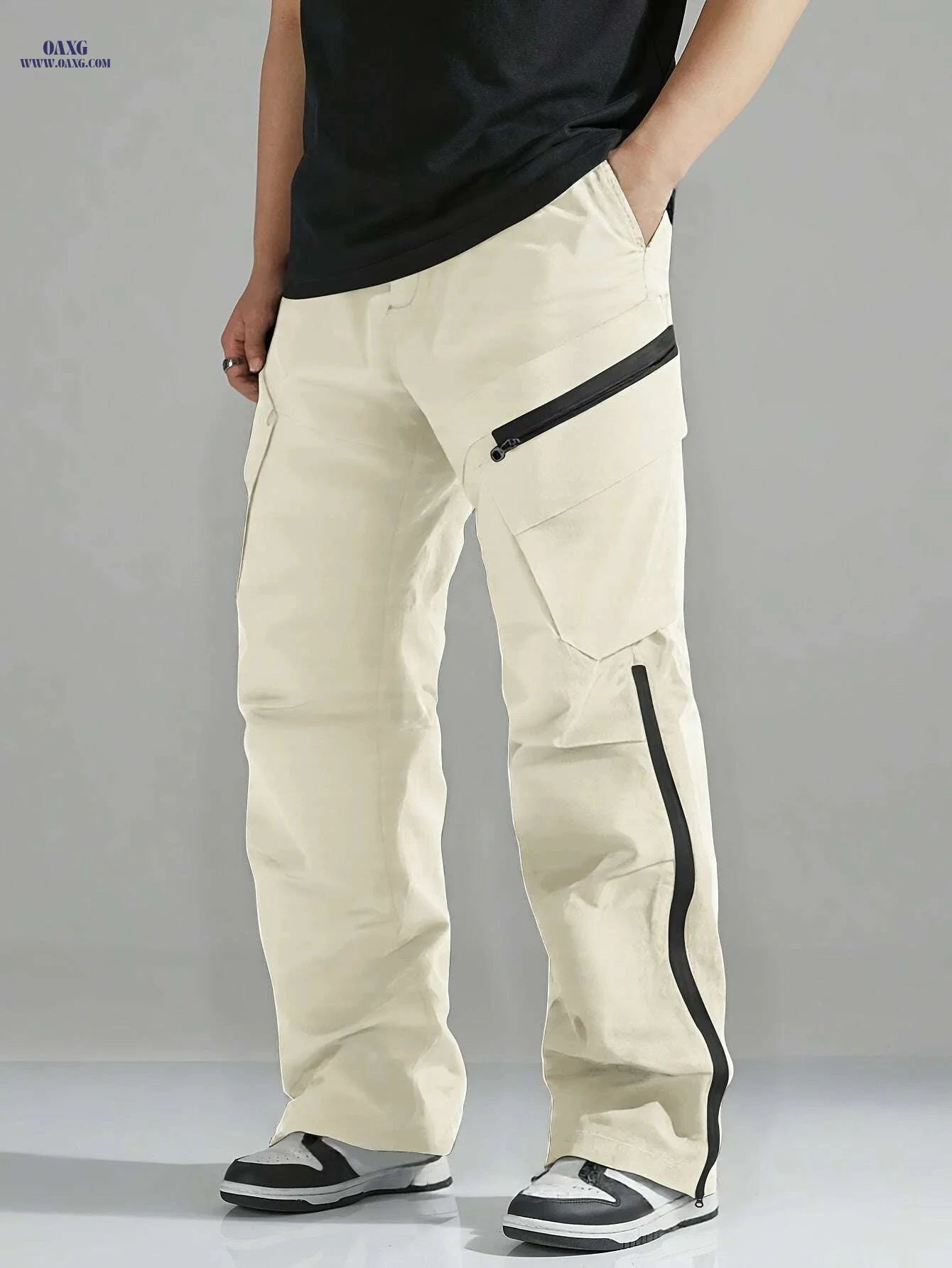 Men's Casual Cargo Pants - Zipper and Drawstring Waist, Black   OAXG Black / S