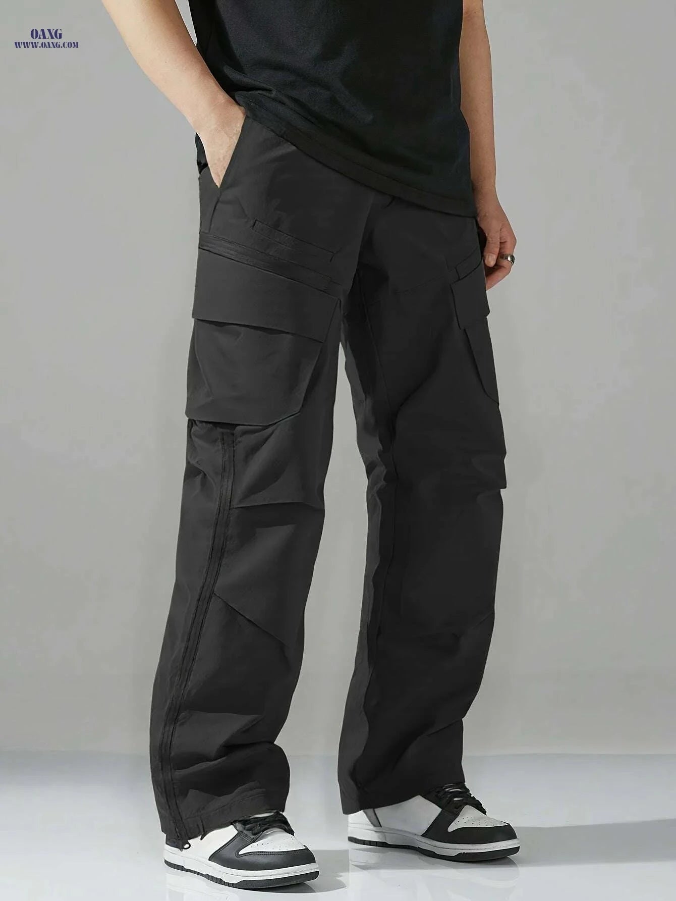 Men's Casual Cargo Pants - Zipper and Drawstring Waist, Black   OAXG Black / S