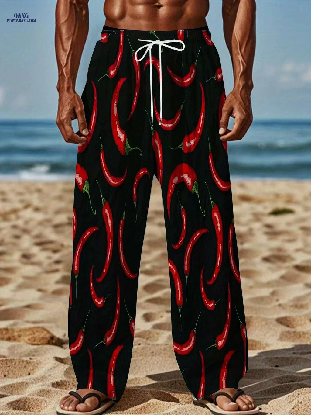 Men’s Casual Chili Pepper Print Pants - Loose Fit & All-Season Comfort   OAXG Mixed Color / M