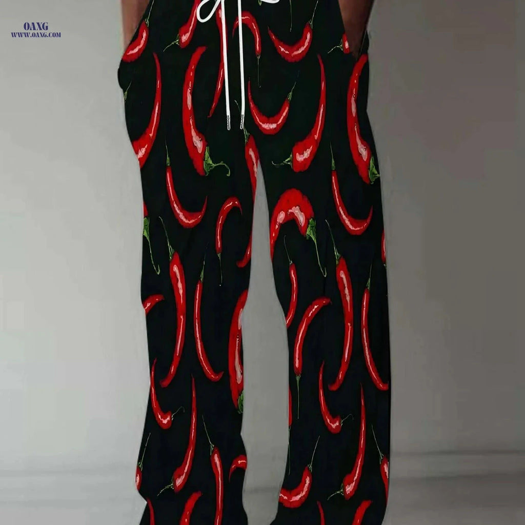 Men’s Casual Chili Pepper Print Pants - Loose Fit & All-Season Comfort   OAXG Mixed Color / M