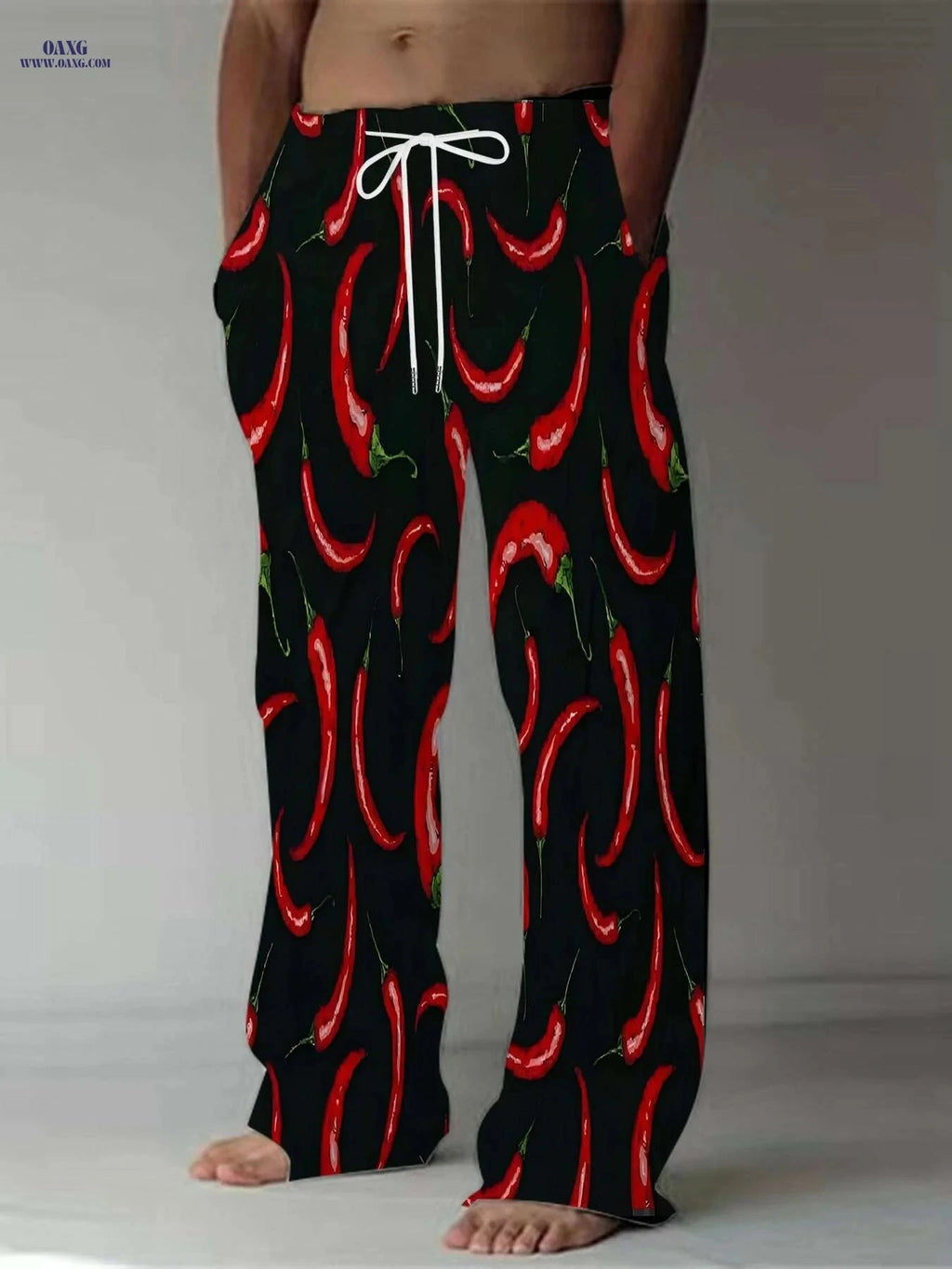 Men’s Casual Chili Pepper Print Pants - Loose Fit & All-Season Comfort   OAXG Mixed Color / M