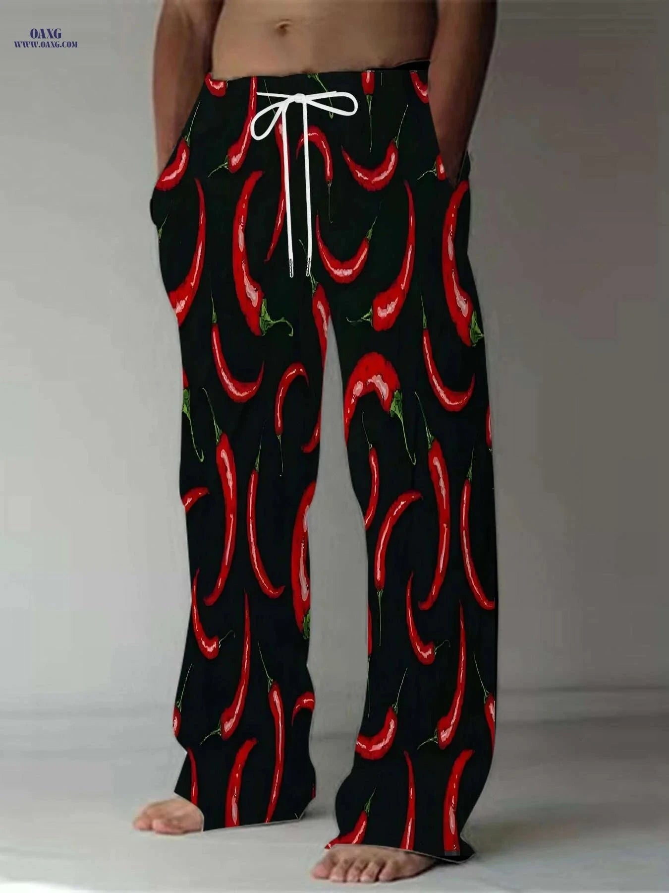 Men’s Casual Chili Pepper Print Pants - Loose Fit & All-Season Comfort   OAXG Mixed Color / M