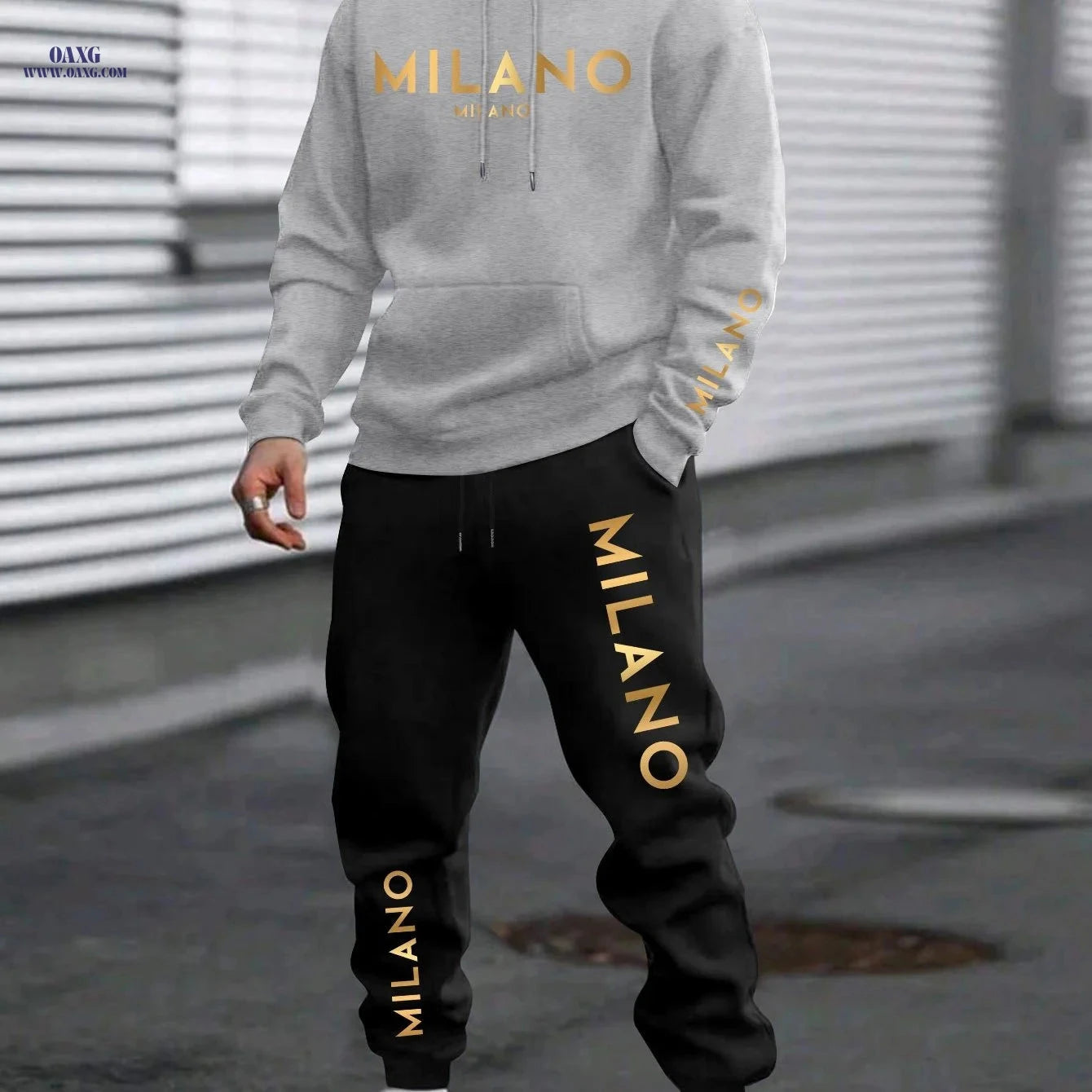Men's Casual Chinese Style Print Sweatshirt & Pants Set   OAXG Black / FR S
