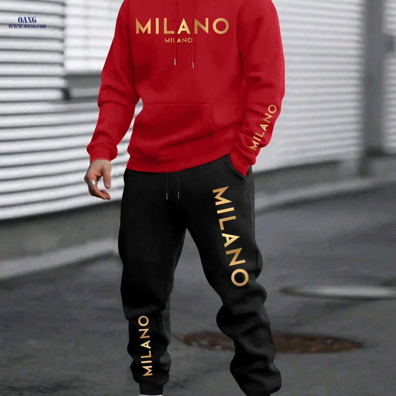 Men's Casual Chinese Style Print Sweatshirt & Pants Set   OAXG Black / FR S