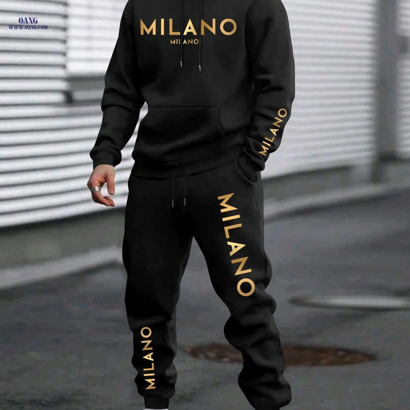 Men's Casual Chinese Style Print Sweatshirt & Pants Set   OAXG Black / FR S