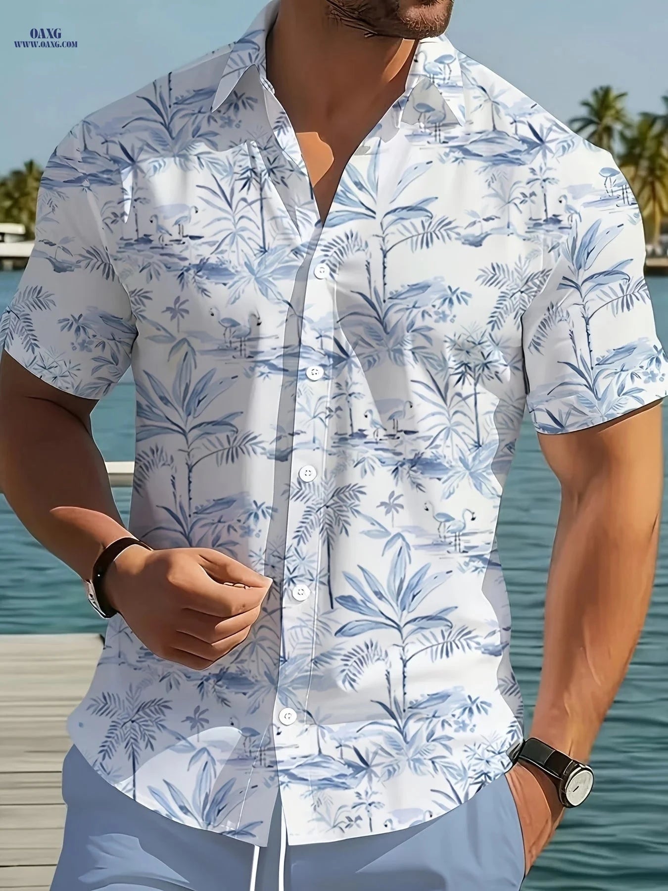 Men's Casual Coconut Tree Print Short Sleeve Shirt & Shorts Set   OAXG 