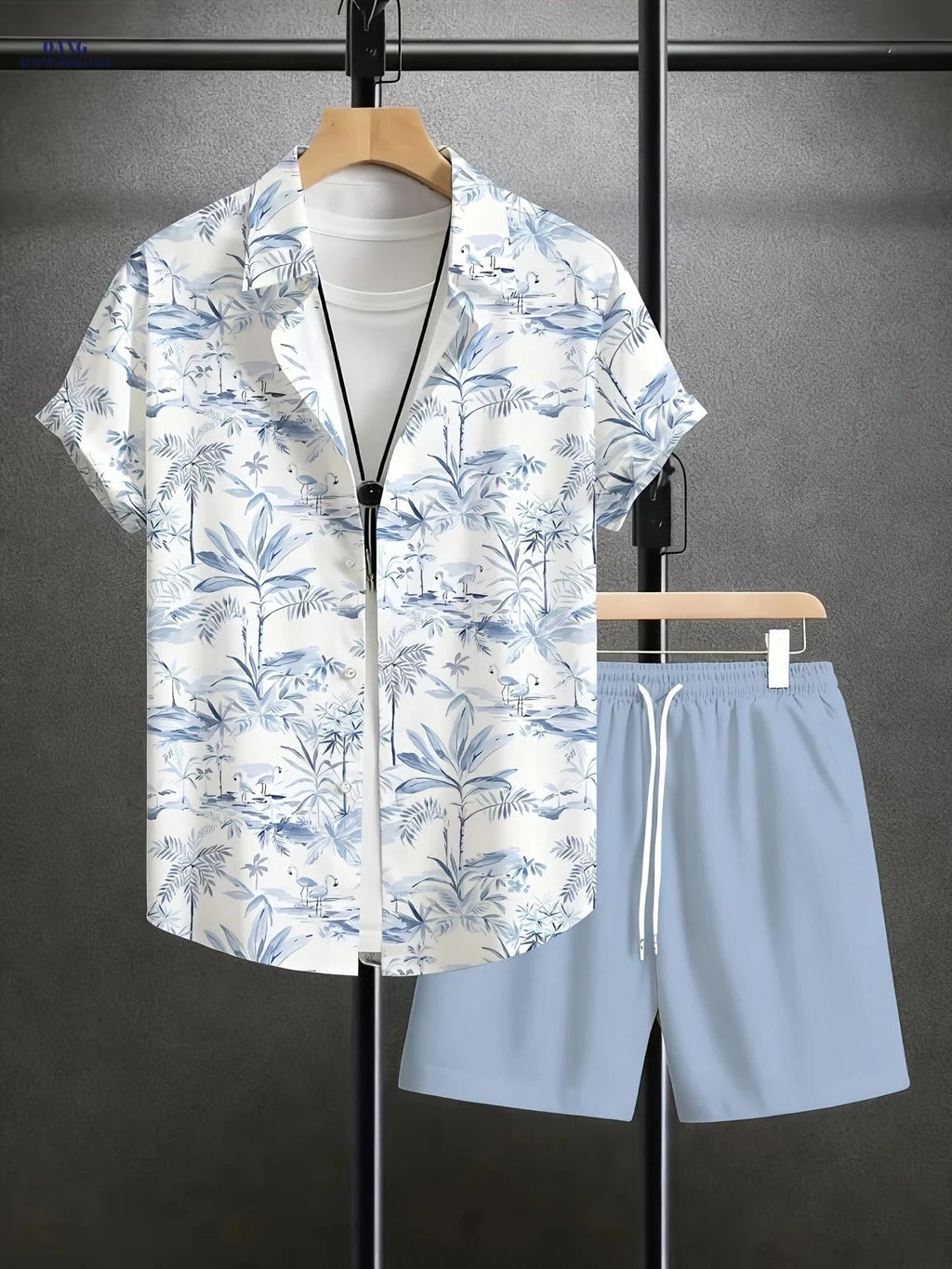 Men's Casual Coconut Tree Print Short Sleeve Shirt & Shorts Set   OAXG 