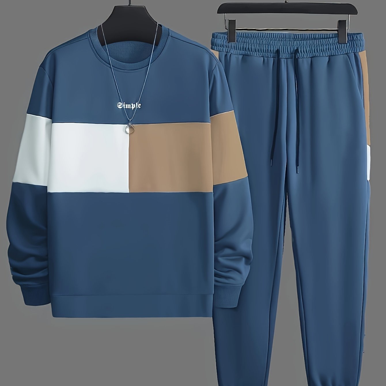 Men's Casual Color Block Crew Neck Sweatshirt & Joggers Set   OAXG 