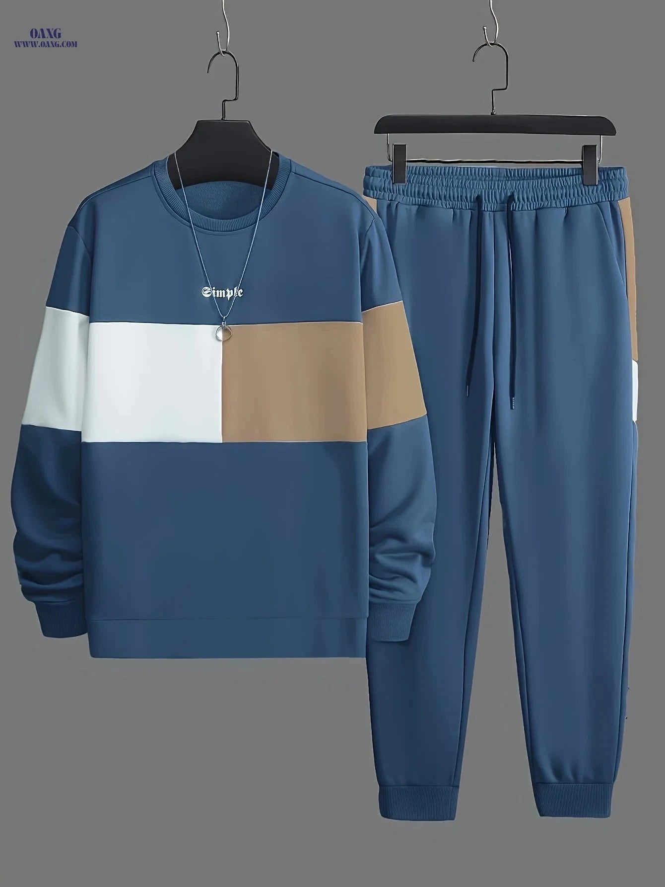 Men's Casual Color Block Crew Neck Sweatshirt & Joggers Set   OAXG Peacock Blue / FR XL