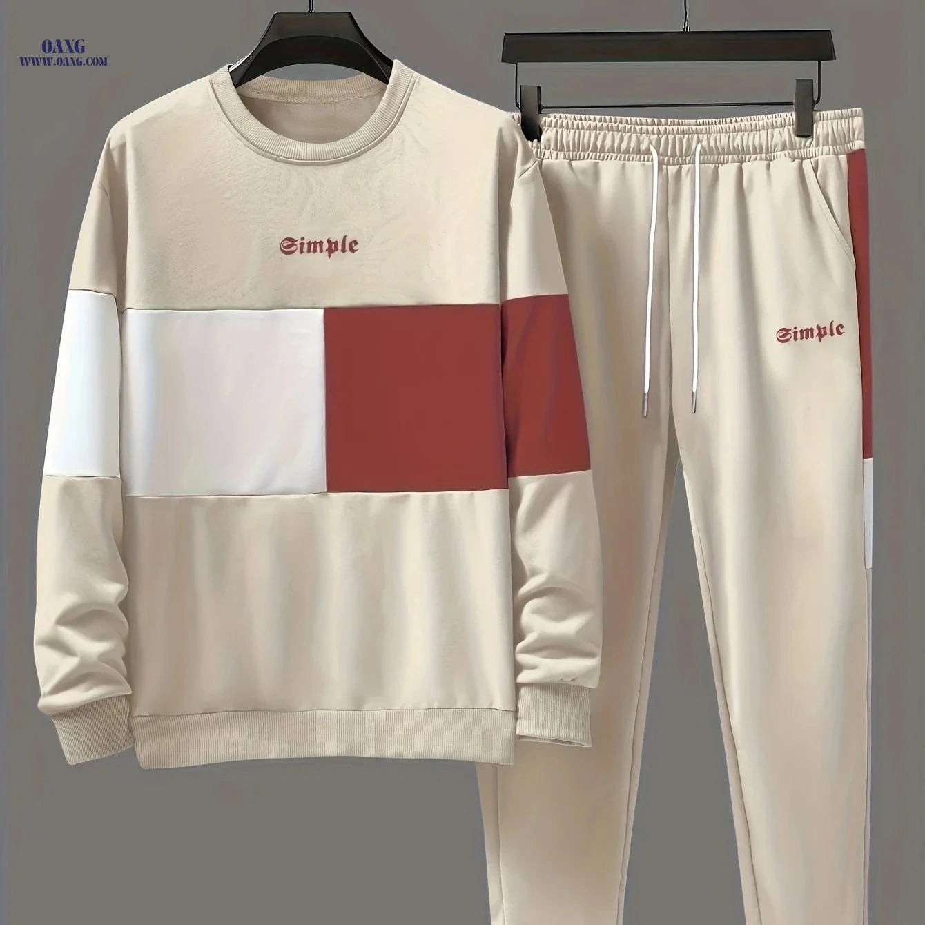 Men's Casual Color Block Crew Neck Sweatshirt & Joggers Set   OAXG Peacock Blue / FR XL
