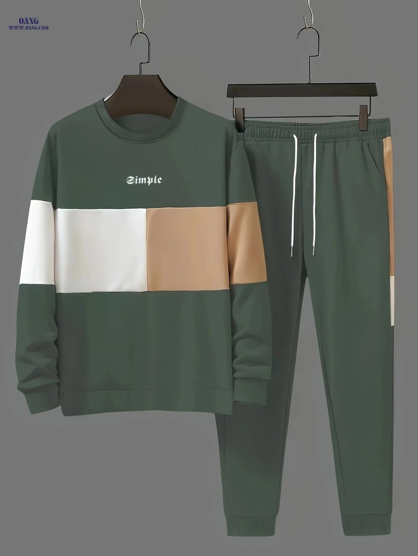 Men's Casual Color Block Crew Neck Sweatshirt & Joggers Set   OAXG Peacock Blue / FR XL
